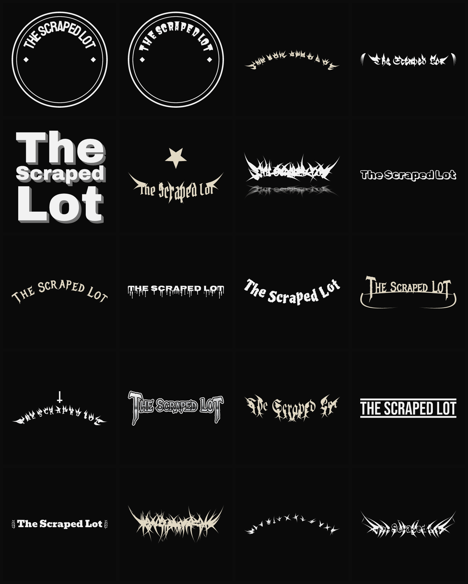 Twenty The Scraped Lot band logo ideas — different faces, treatments and spike settings