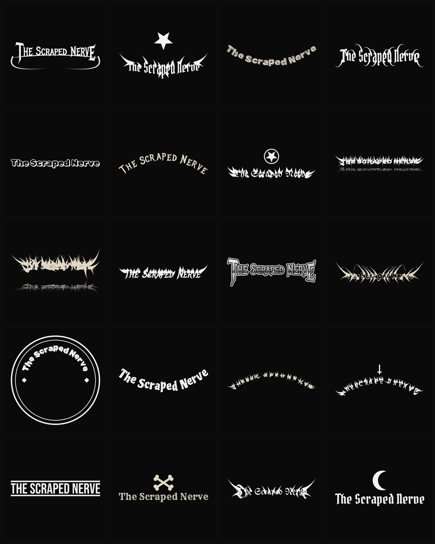 Twenty The Scraped Nerve band logo ideas — different faces, treatments and spike settings