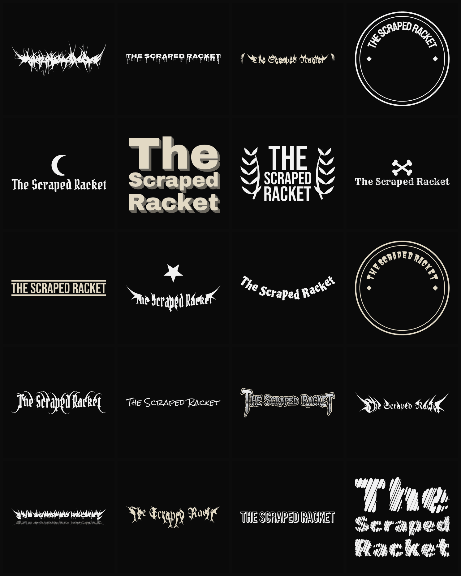 Twenty The Scraped Racket band logo ideas — different faces, treatments and spike settings