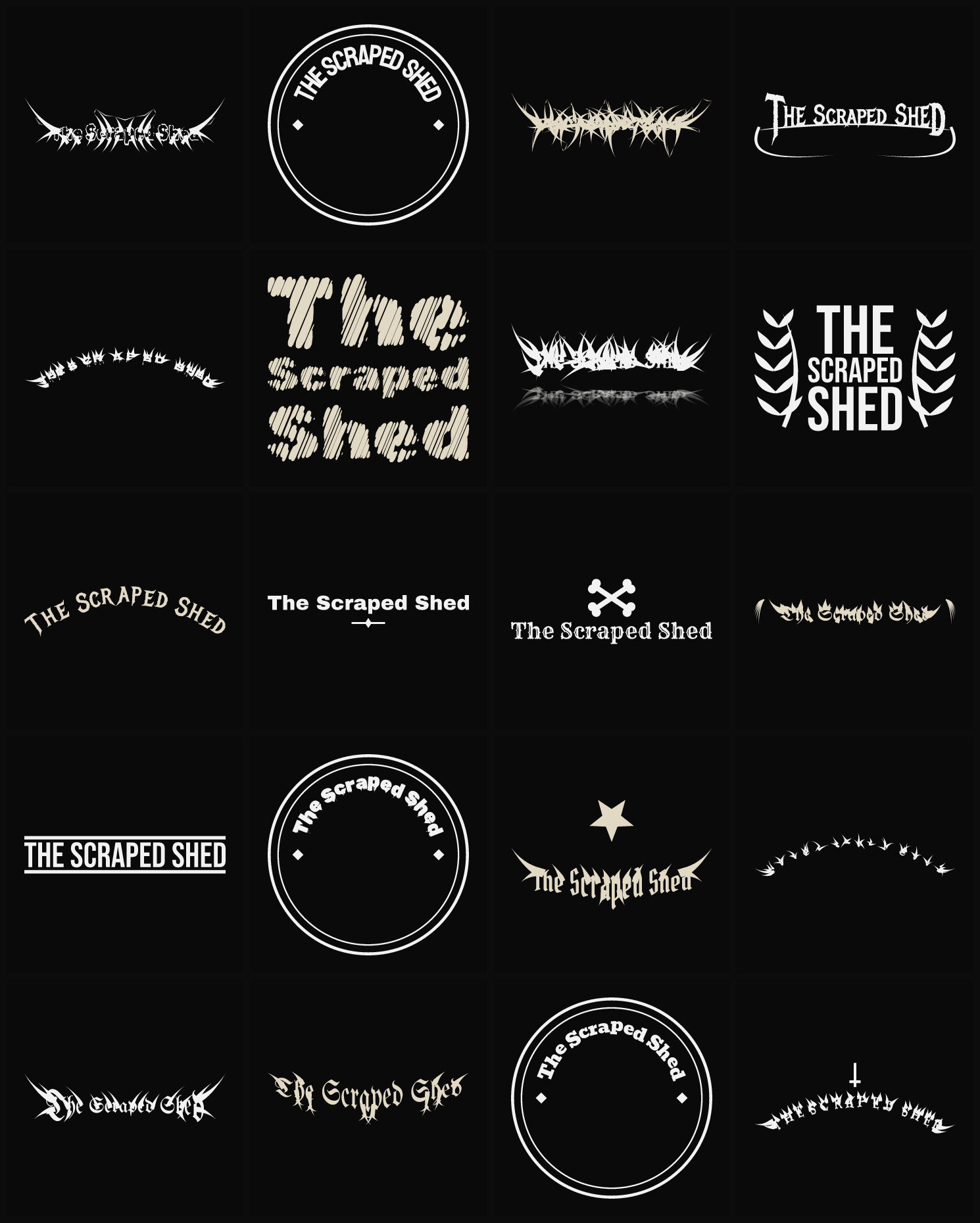 Twenty The Scraped Shed band logo ideas — different faces, treatments and spike settings