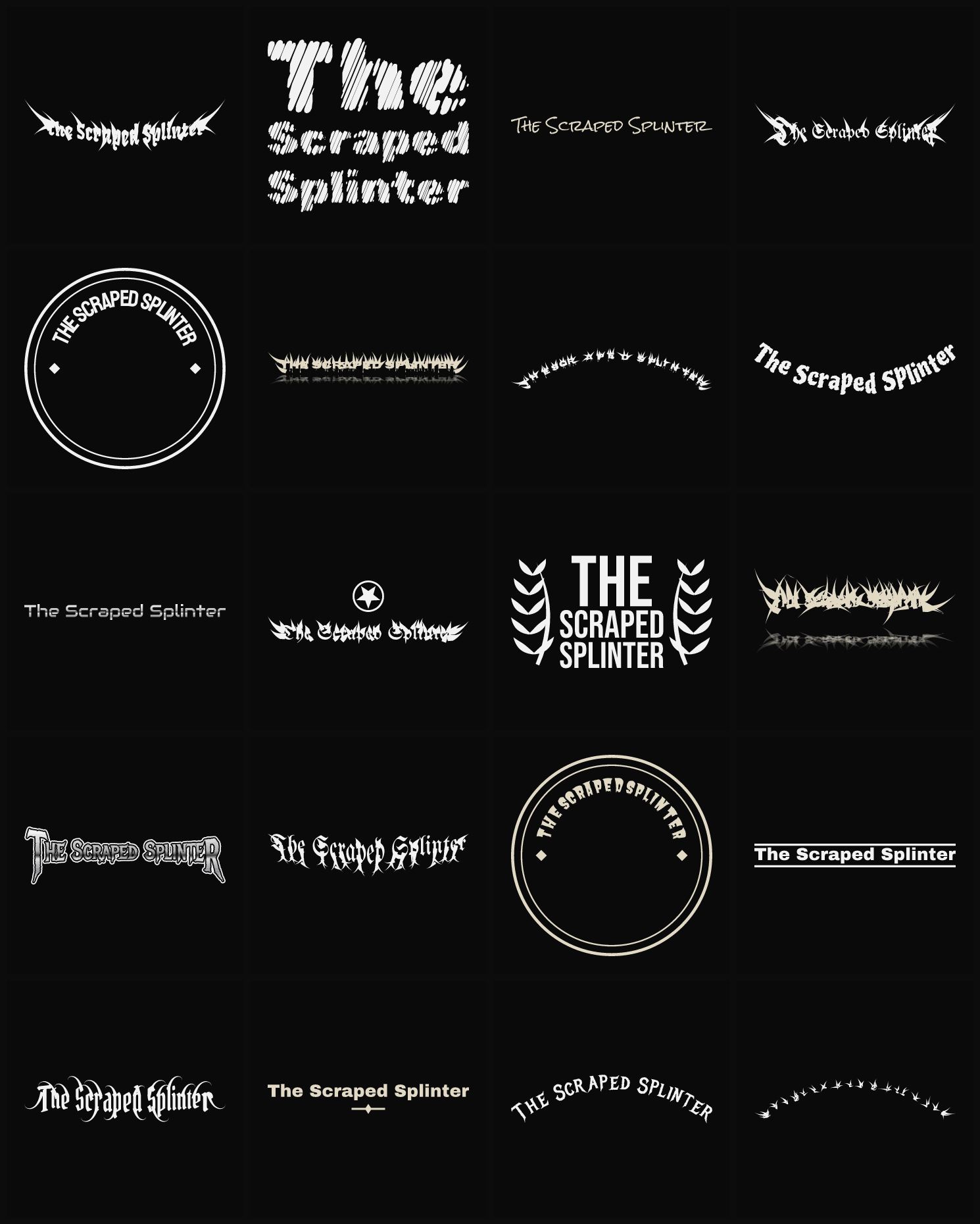 Twenty The Scraped Splinter band logo ideas — different faces, treatments and spike settings