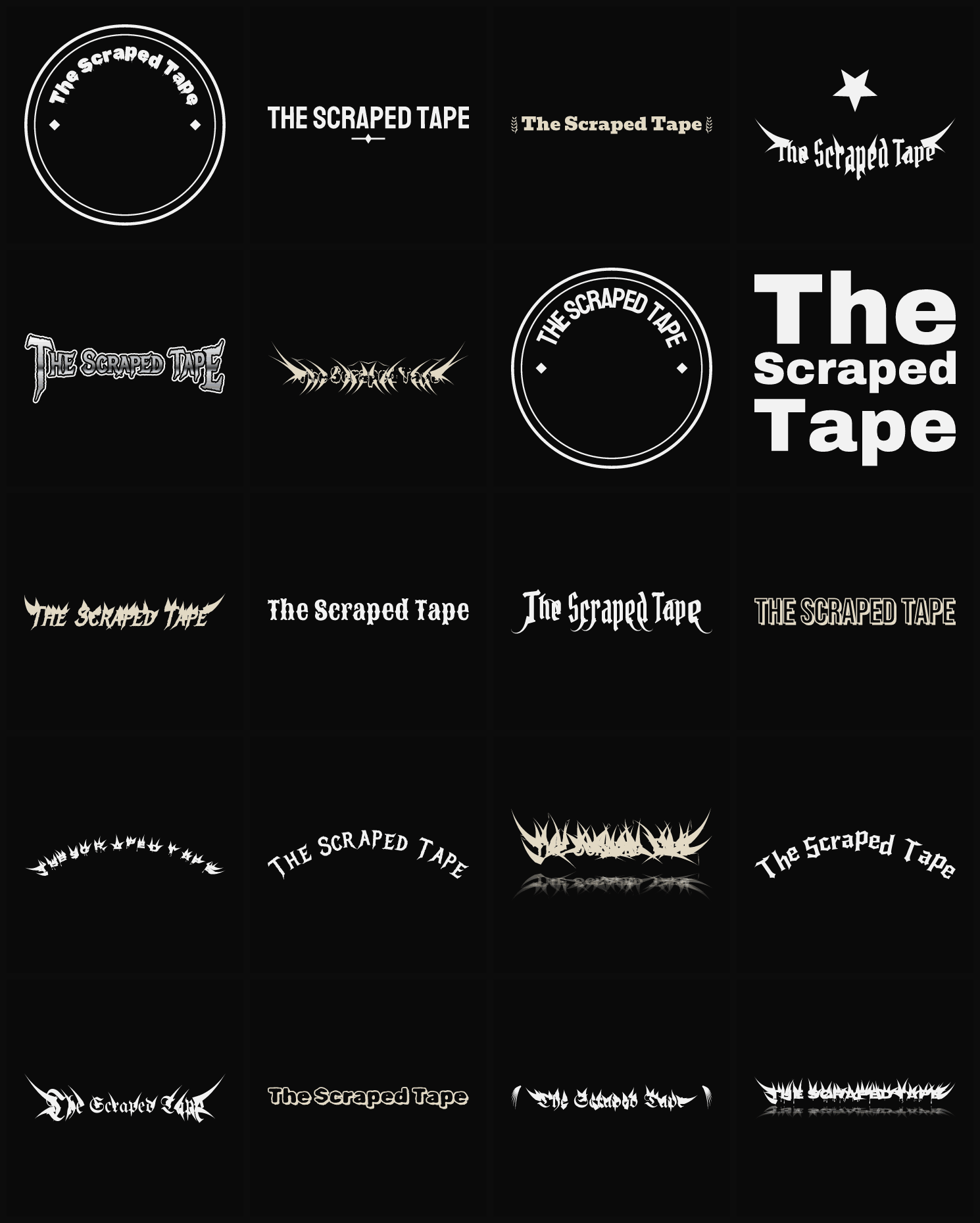 Twenty The Scraped Tape band logo ideas — different faces, treatments and spike settings
