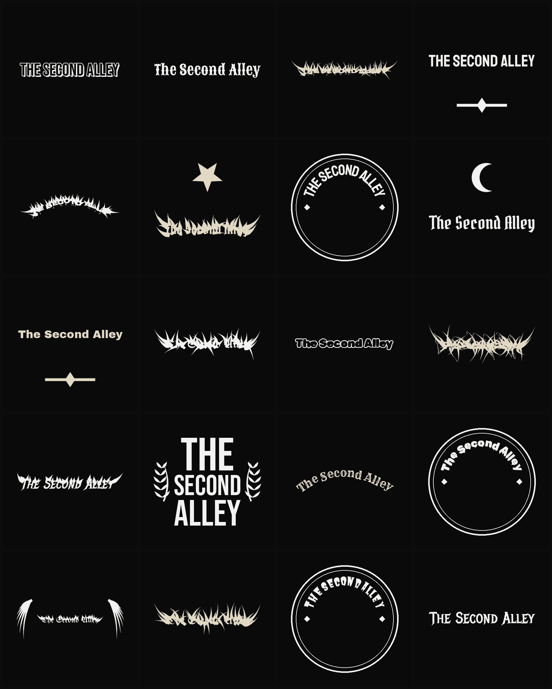 Twenty The Second Alley band logo ideas — different faces, treatments and spike settings