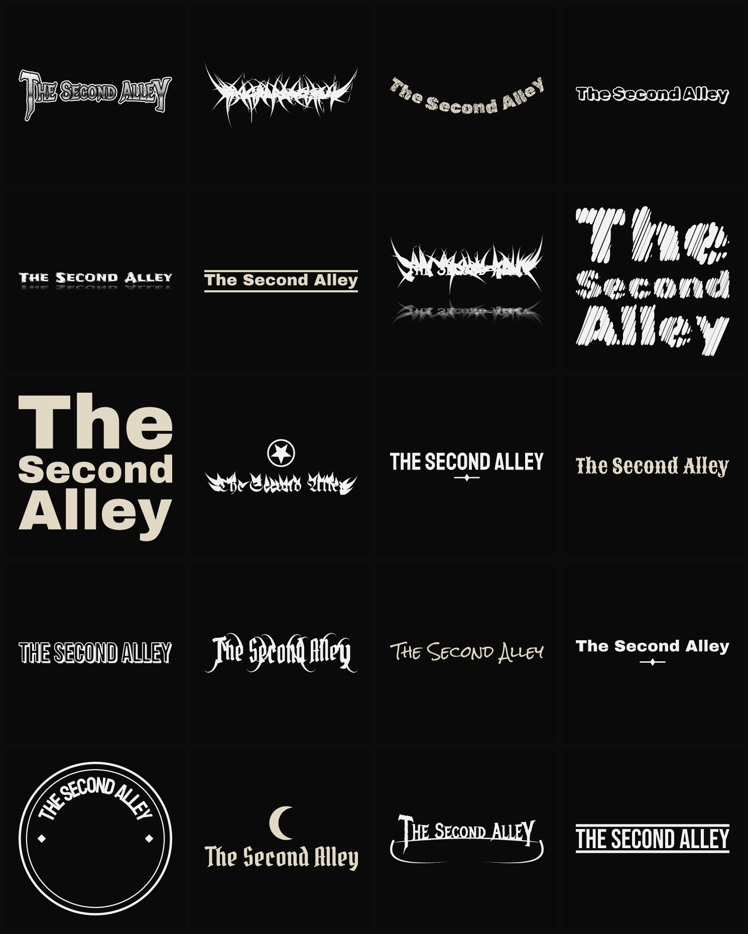 Twenty The Second Alley band logo ideas — different faces, treatments and spike settings