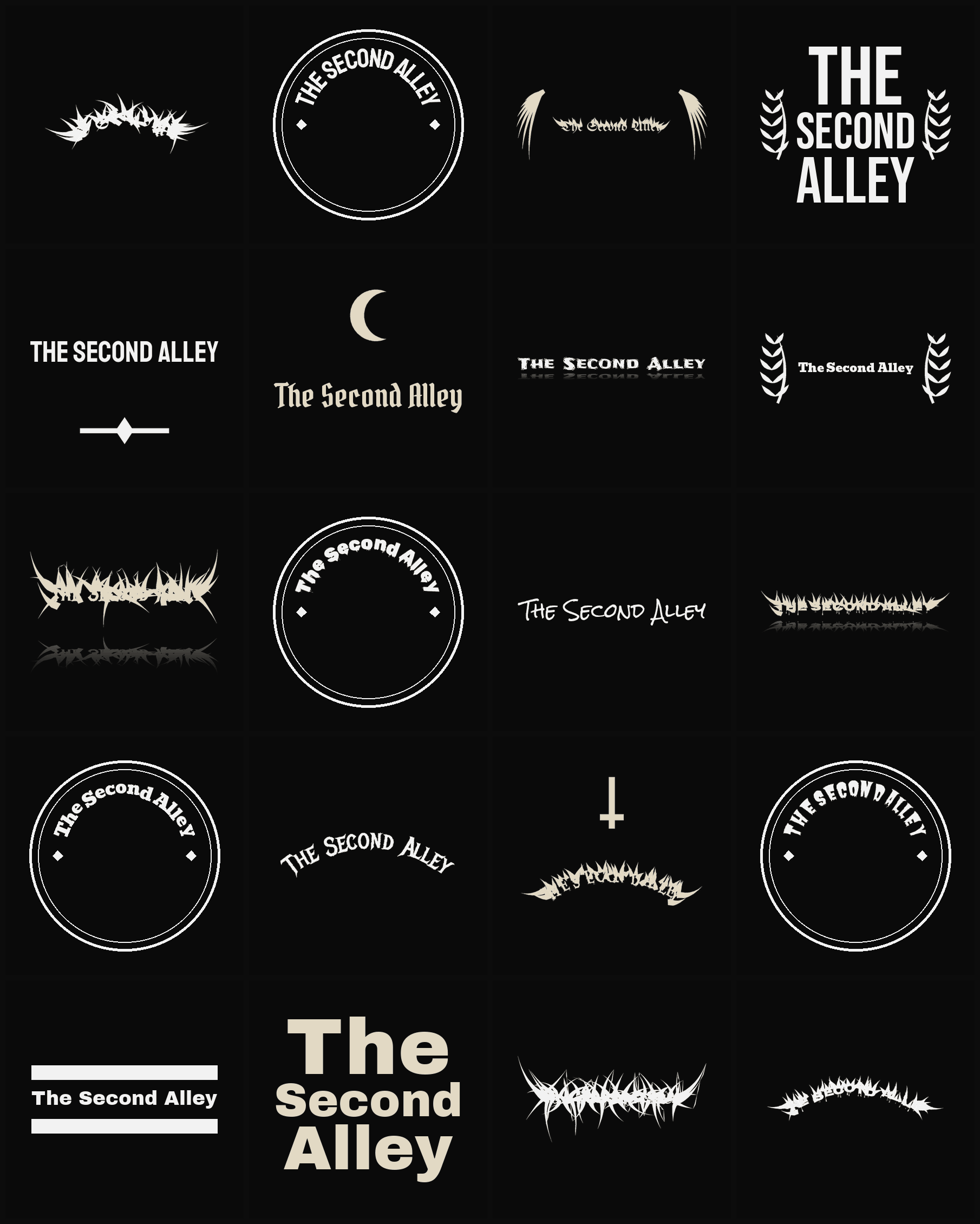 Twenty The Second Alley band logo ideas — different faces, treatments and spike settings
