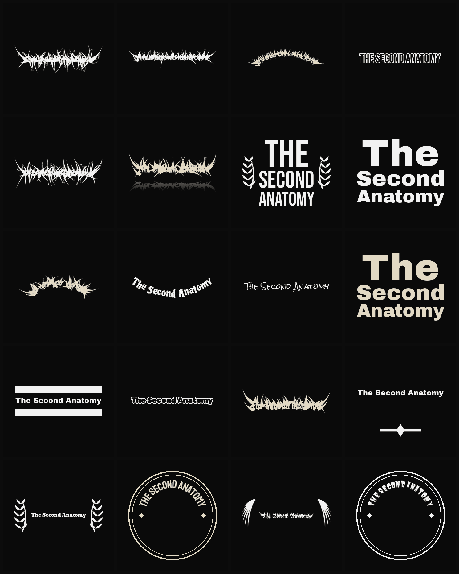 Twenty The Second Anatomy band logo ideas — different faces, treatments and spike settings