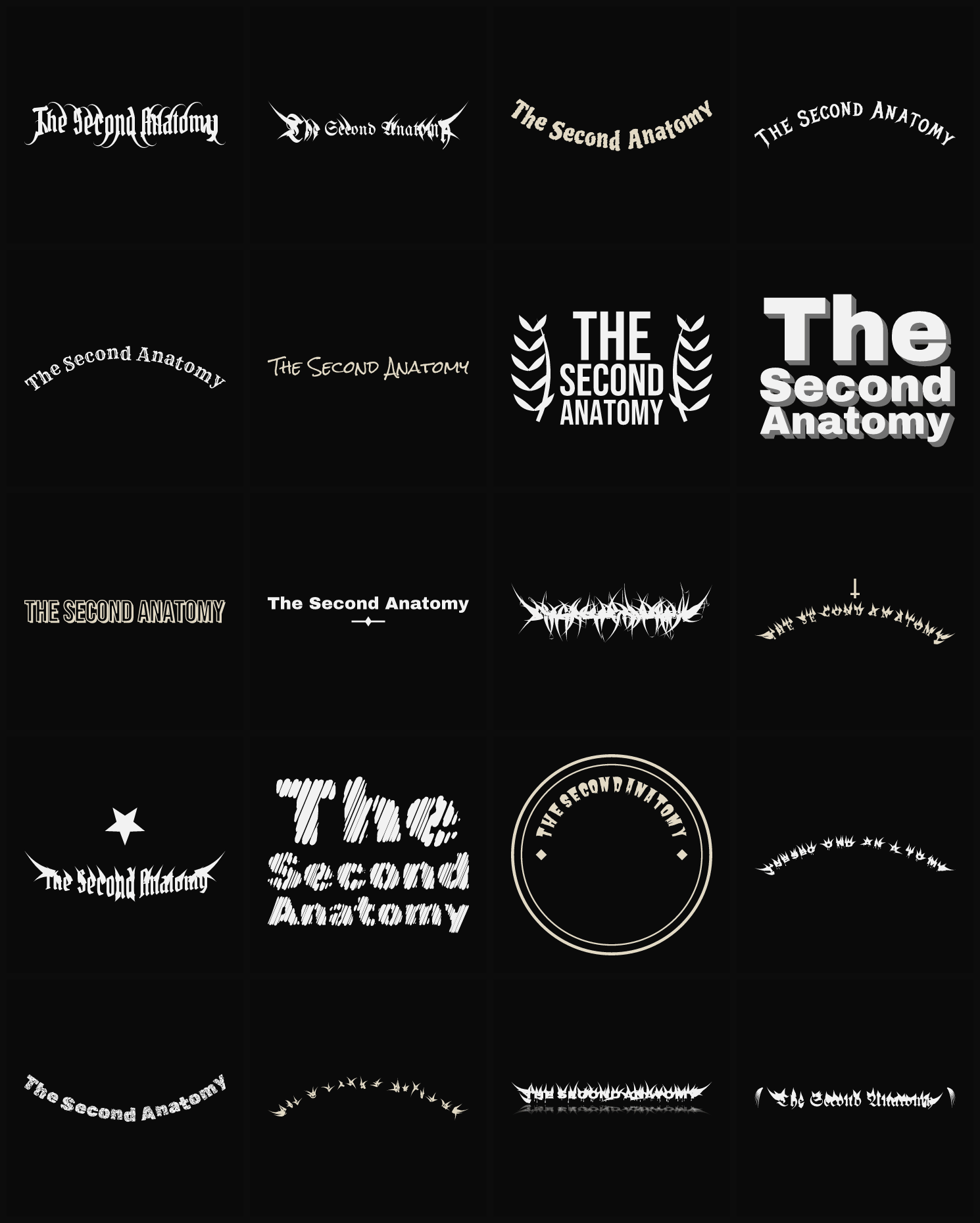 Twenty The Second Anatomy band logo ideas — different faces, treatments and spike settings