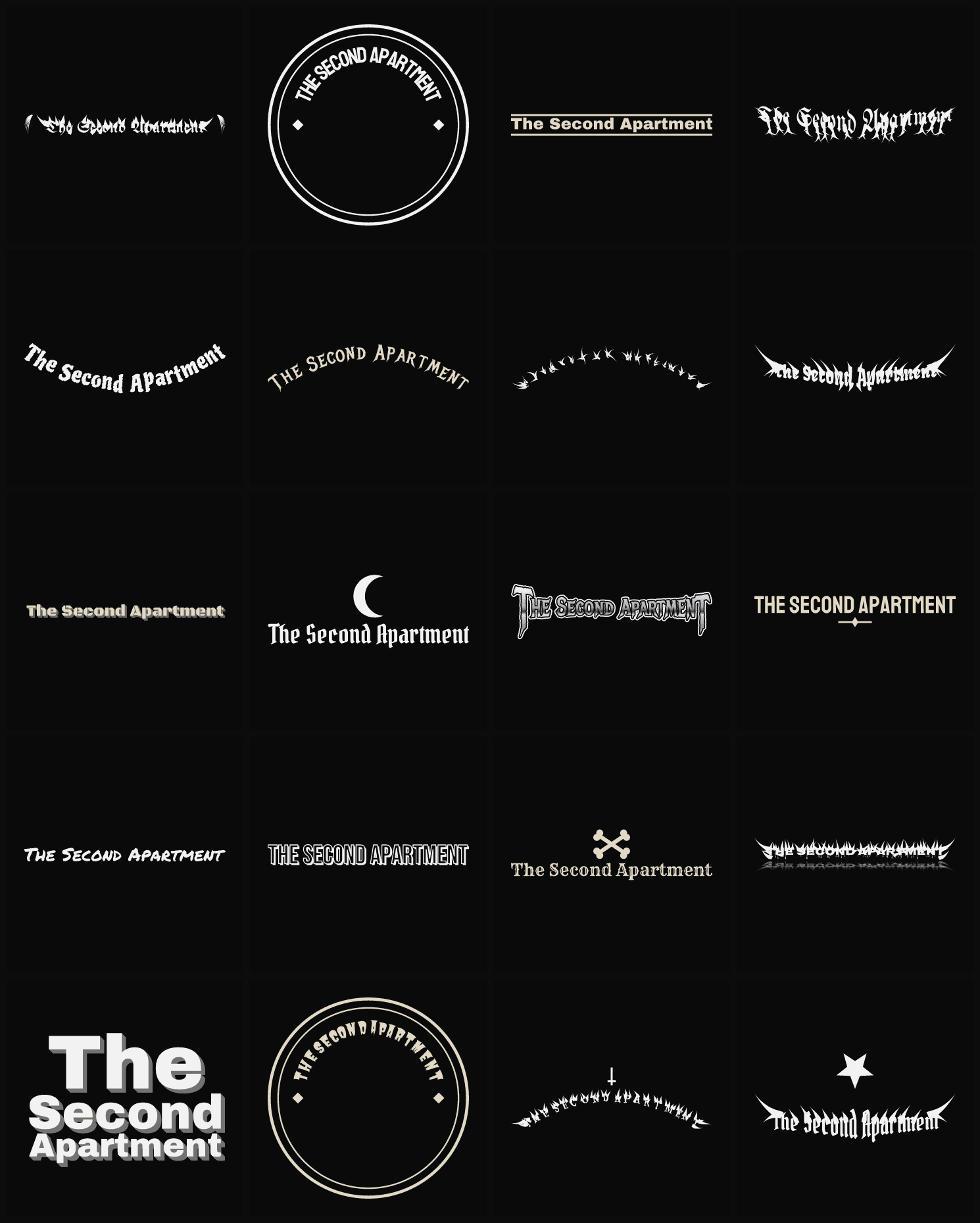 Twenty The Second Apartment band logo ideas — different faces, treatments and spike settings