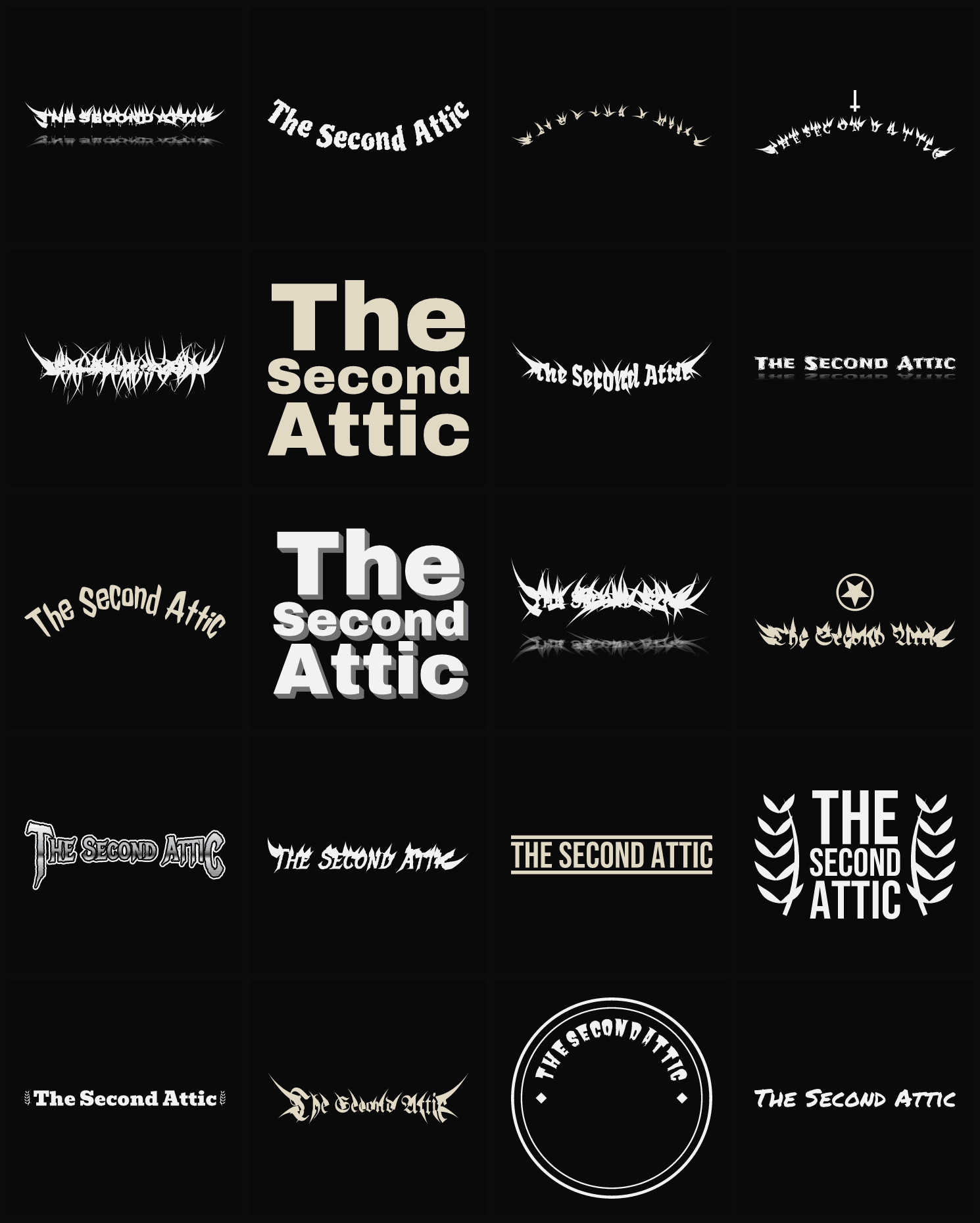 Twenty The Second Attic band logo ideas — different faces, treatments and spike settings
