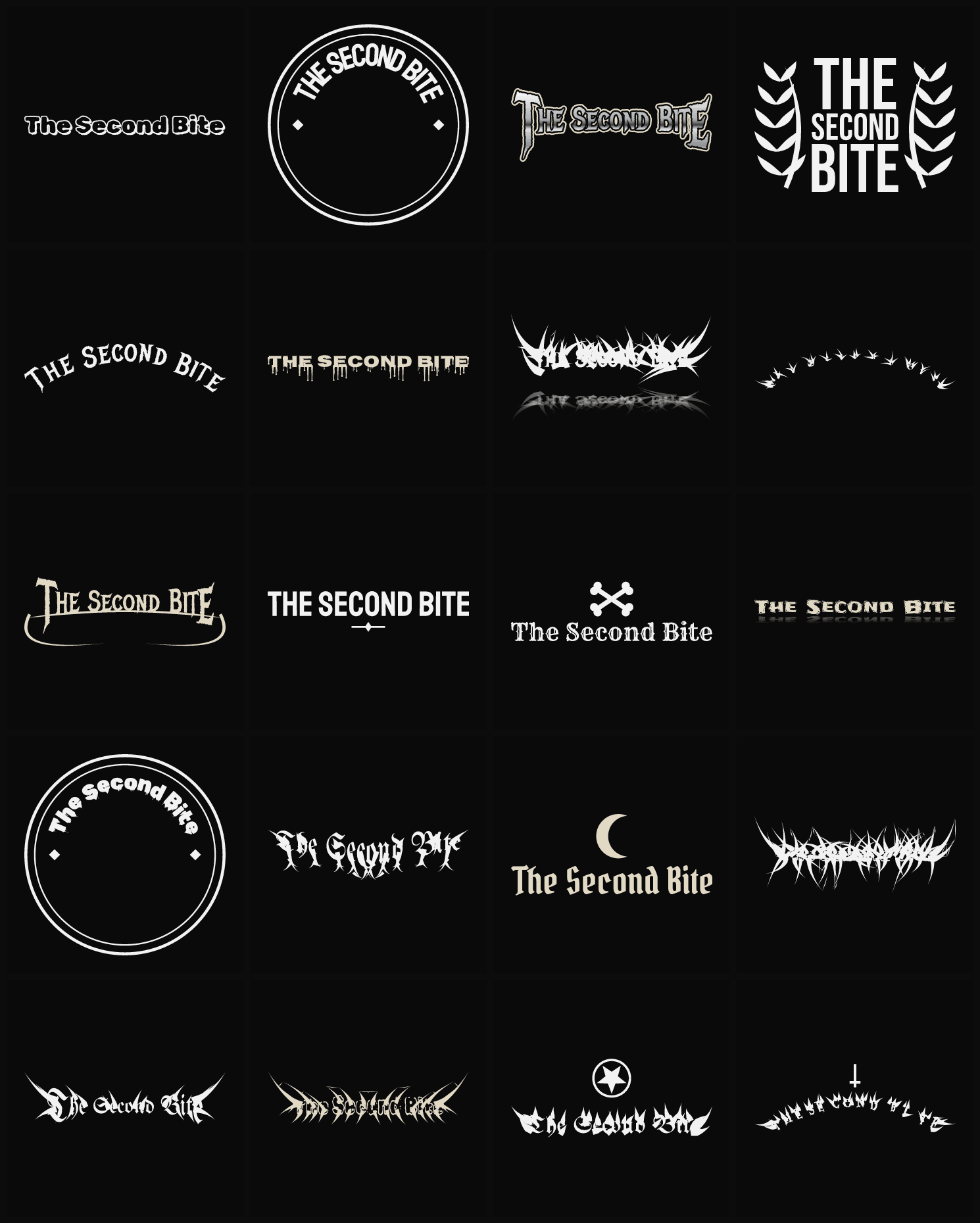Twenty The Second Bite band logo ideas — different faces, treatments and spike settings