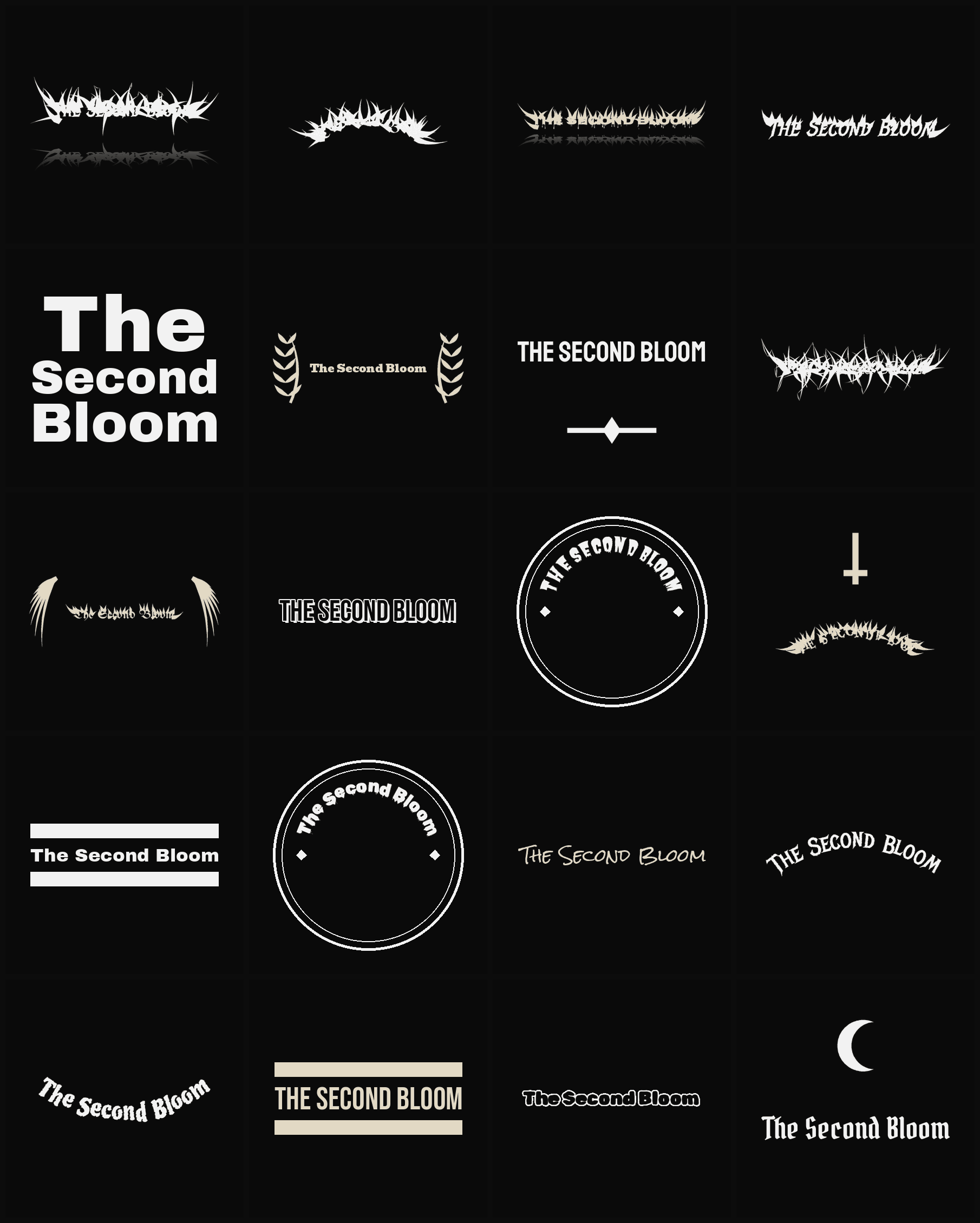 Twenty The Second Bloom band logo ideas — different faces, treatments and spike settings