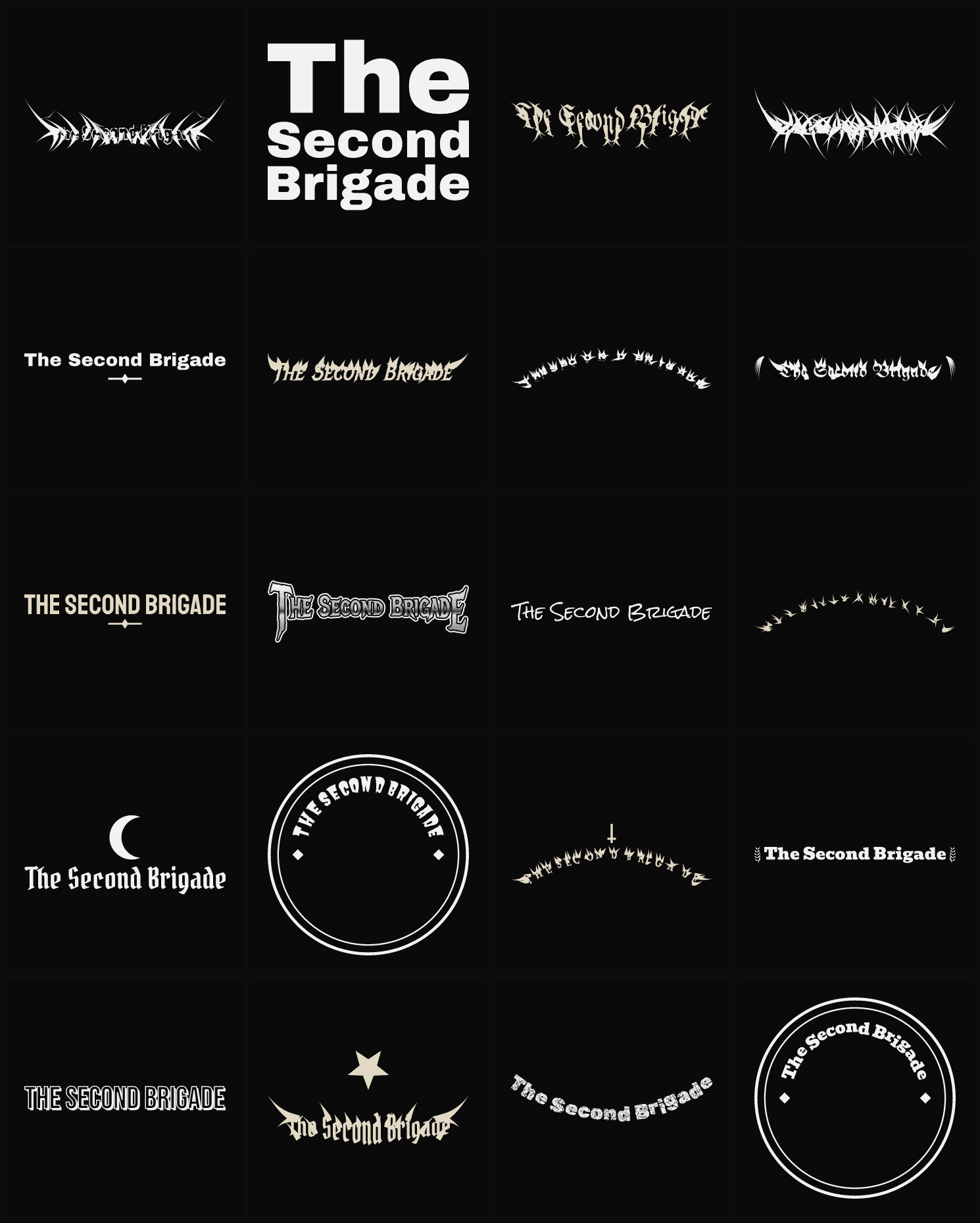 Twenty The Second Brigade band logo ideas — different faces, treatments and spike settings