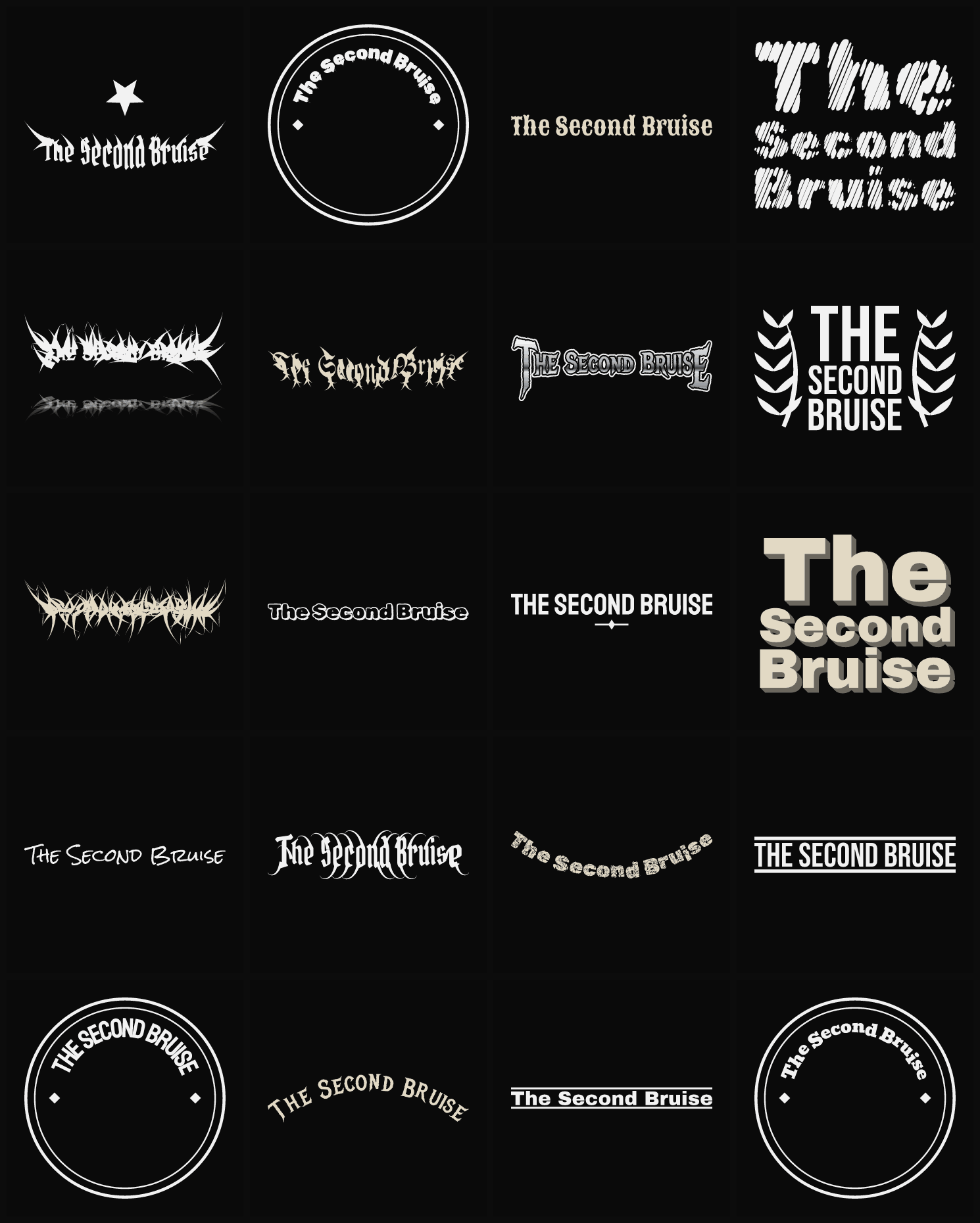 Twenty The Second Bruise band logo ideas — different faces, treatments and spike settings