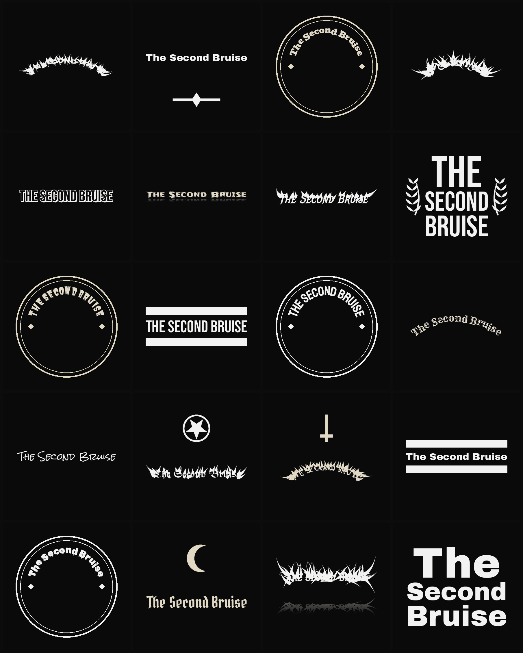 Twenty The Second Bruise band logo ideas — different faces, treatments and spike settings