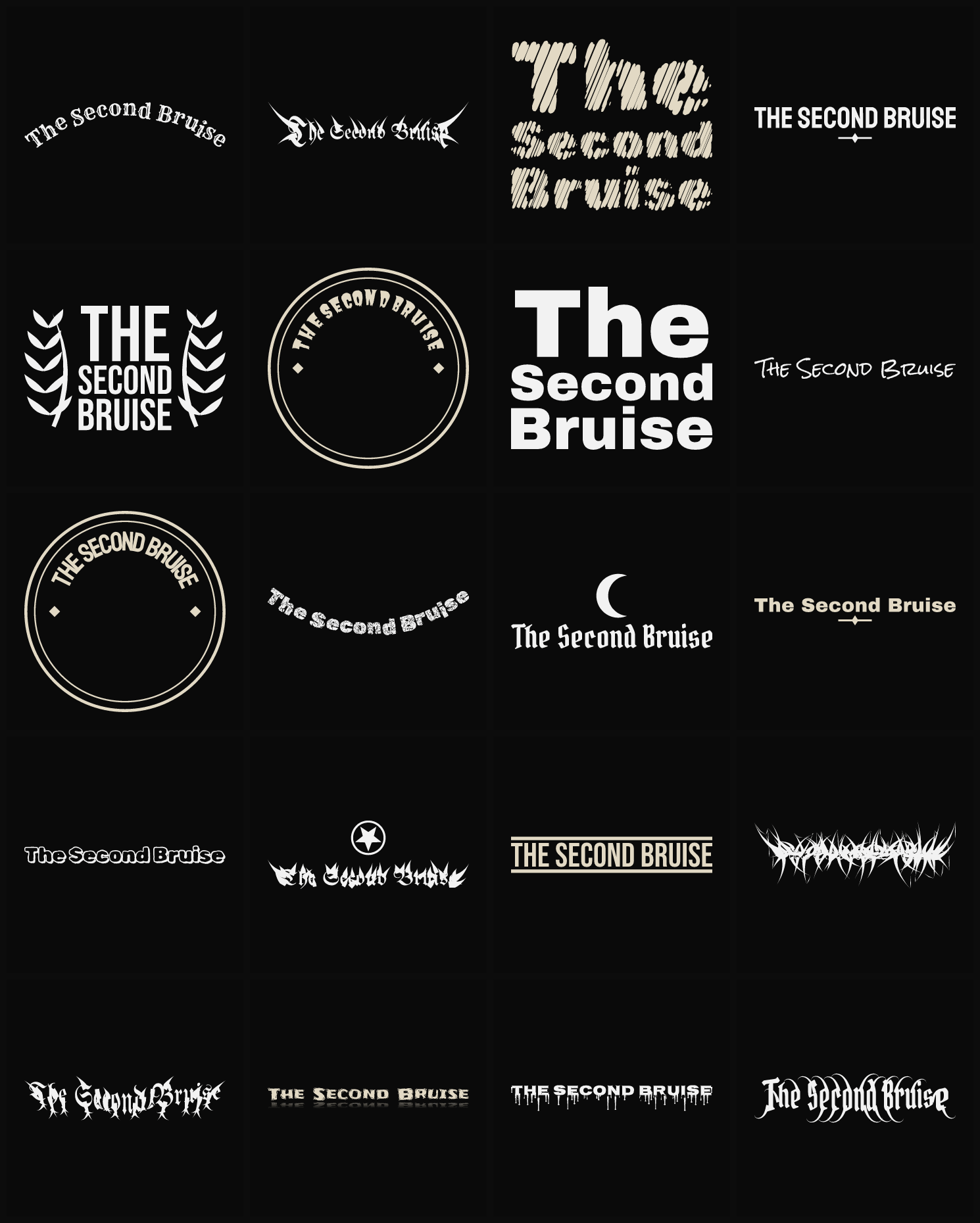 Twenty The Second Bruise band logo ideas — different faces, treatments and spike settings