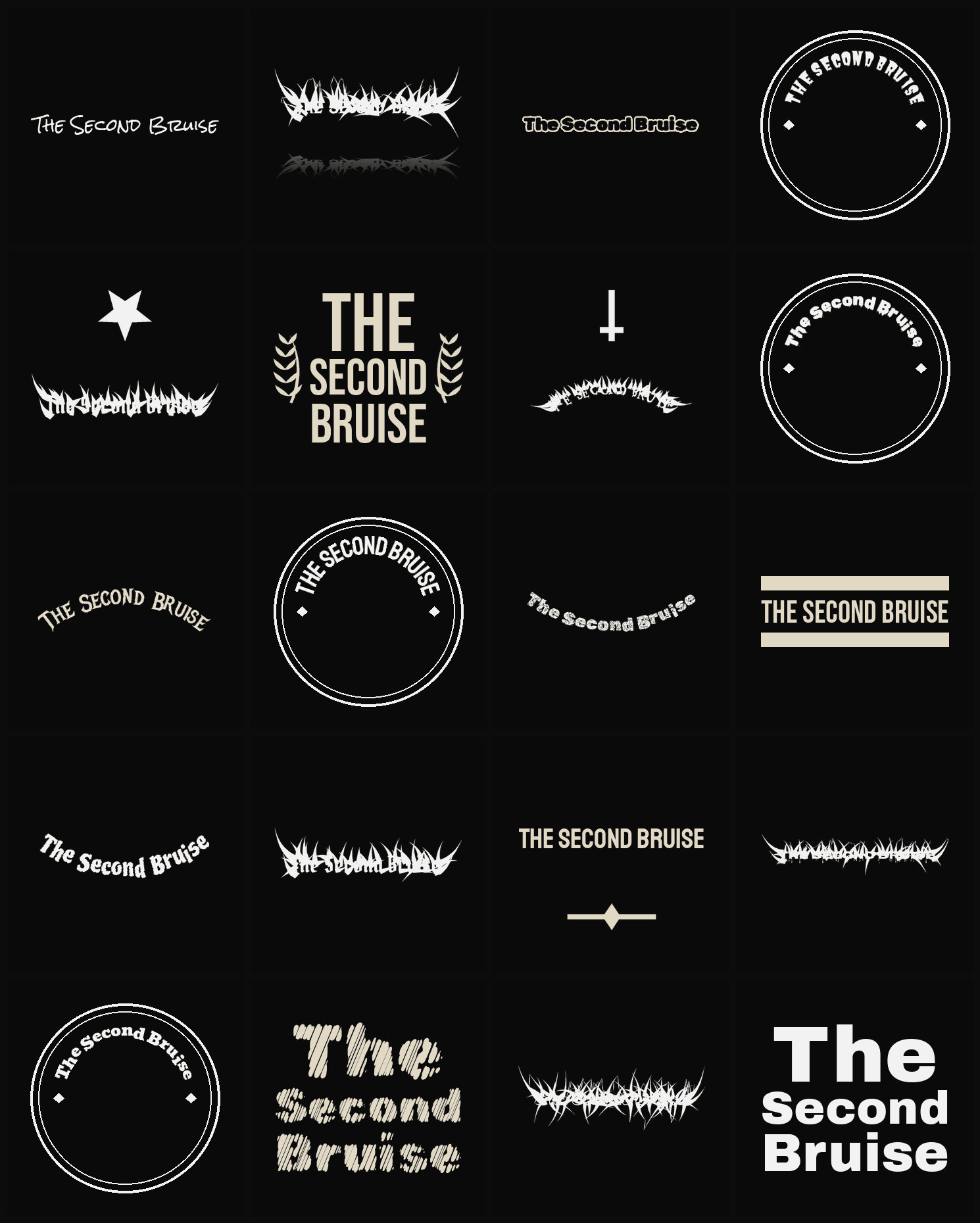 Twenty The Second Bruise band logo ideas — different faces, treatments and spike settings