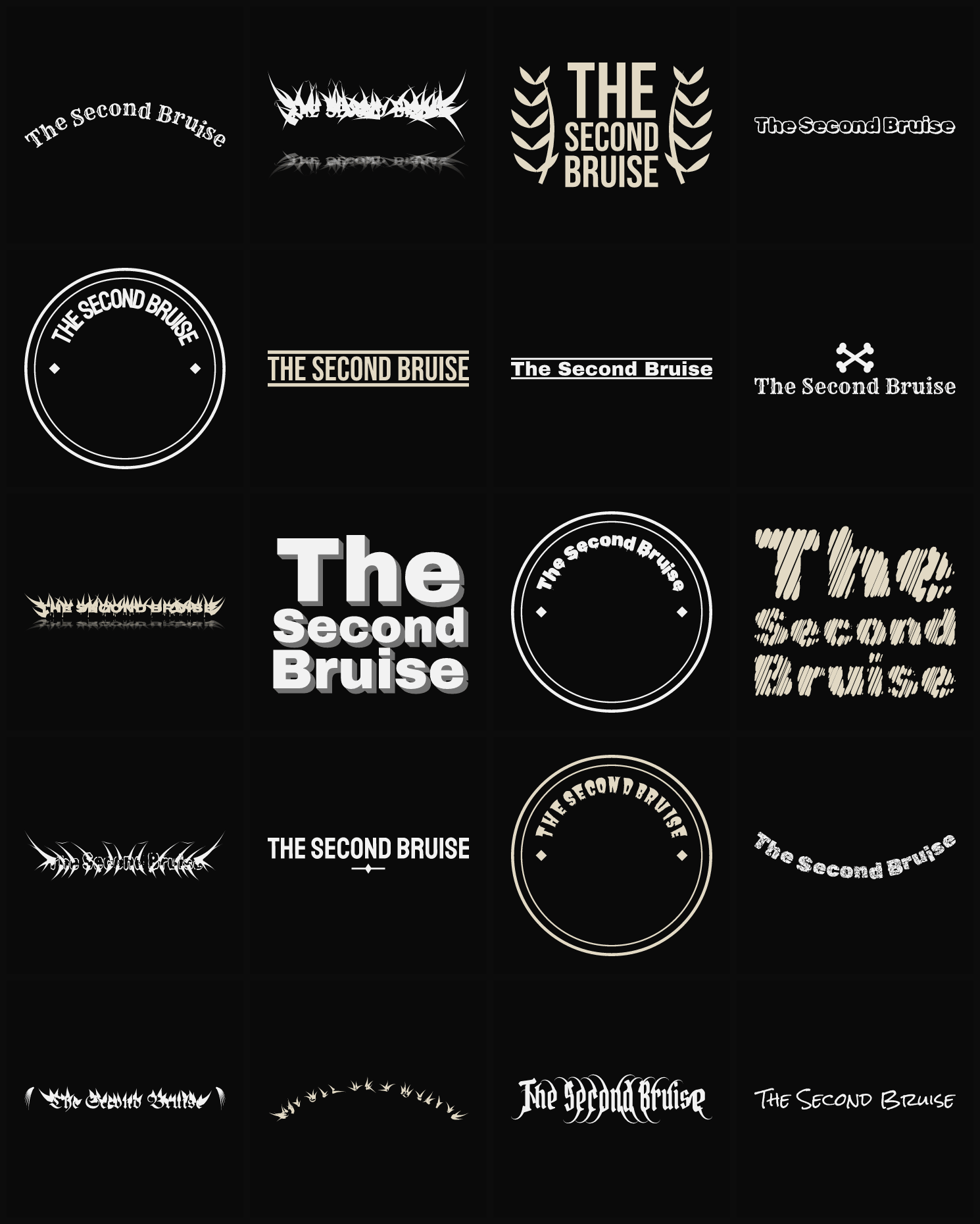 Twenty The Second Bruise band logo ideas — different faces, treatments and spike settings