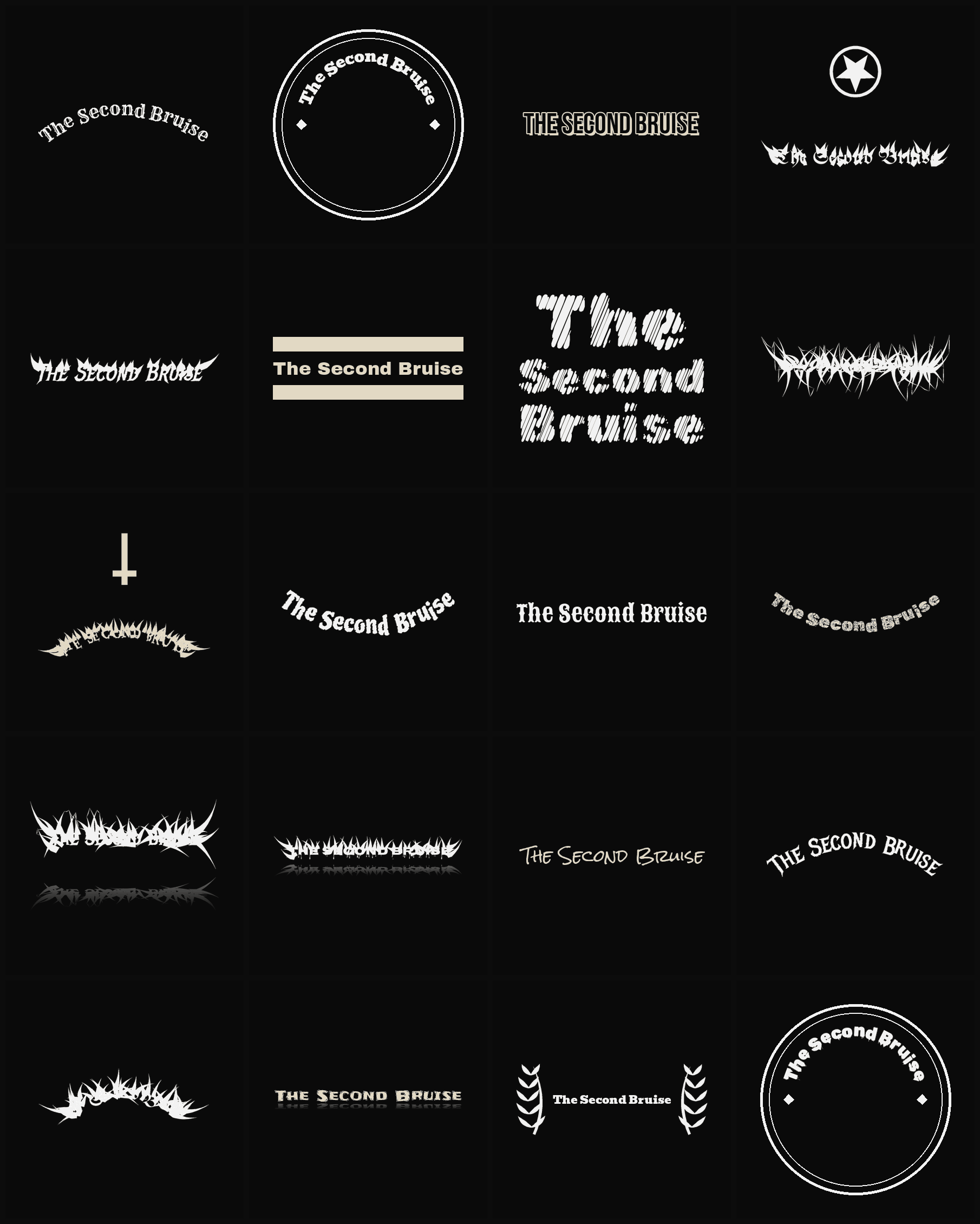 Twenty The Second Bruise band logo ideas — different faces, treatments and spike settings