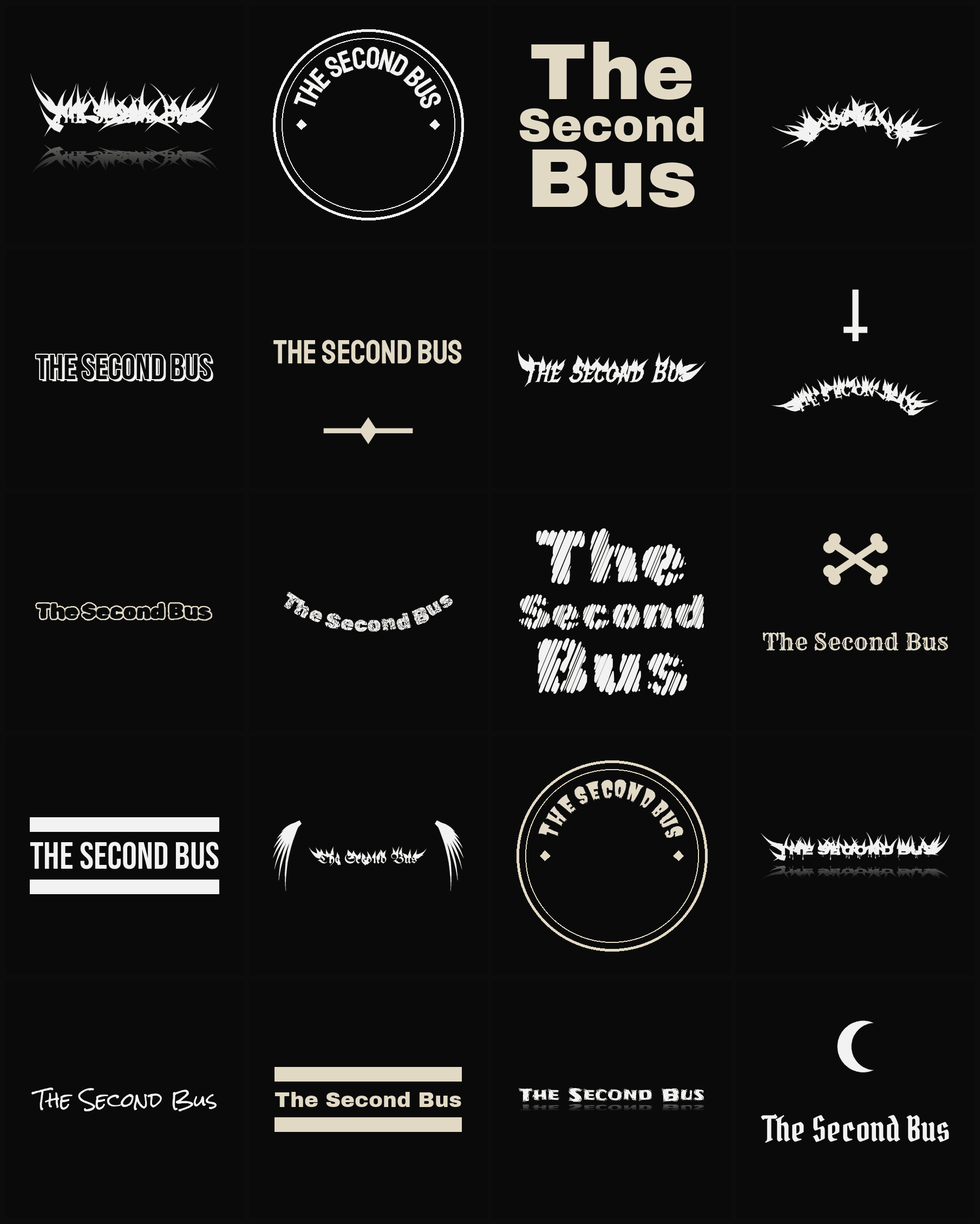 Twenty The Second Bus band logo ideas — different faces, treatments and spike settings