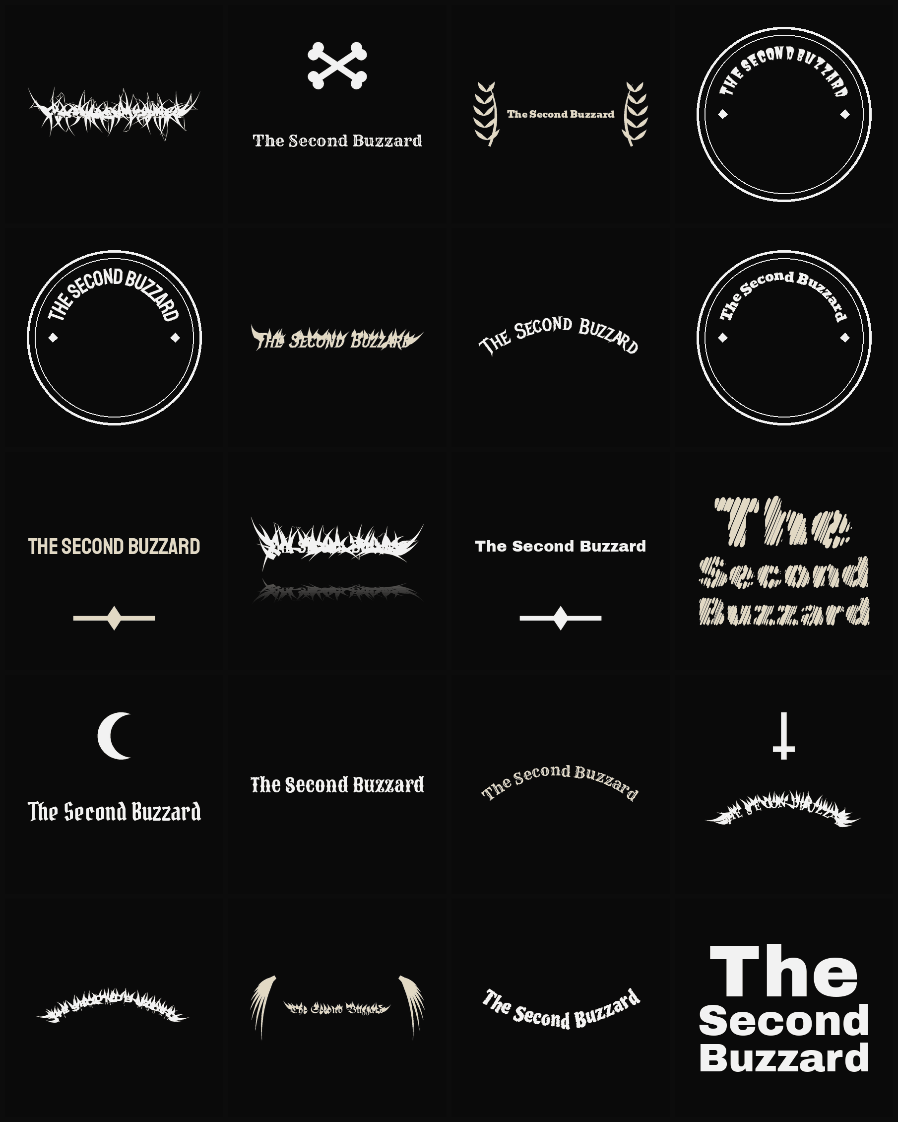 Twenty The Second Buzzard band logo ideas — different faces, treatments and spike settings