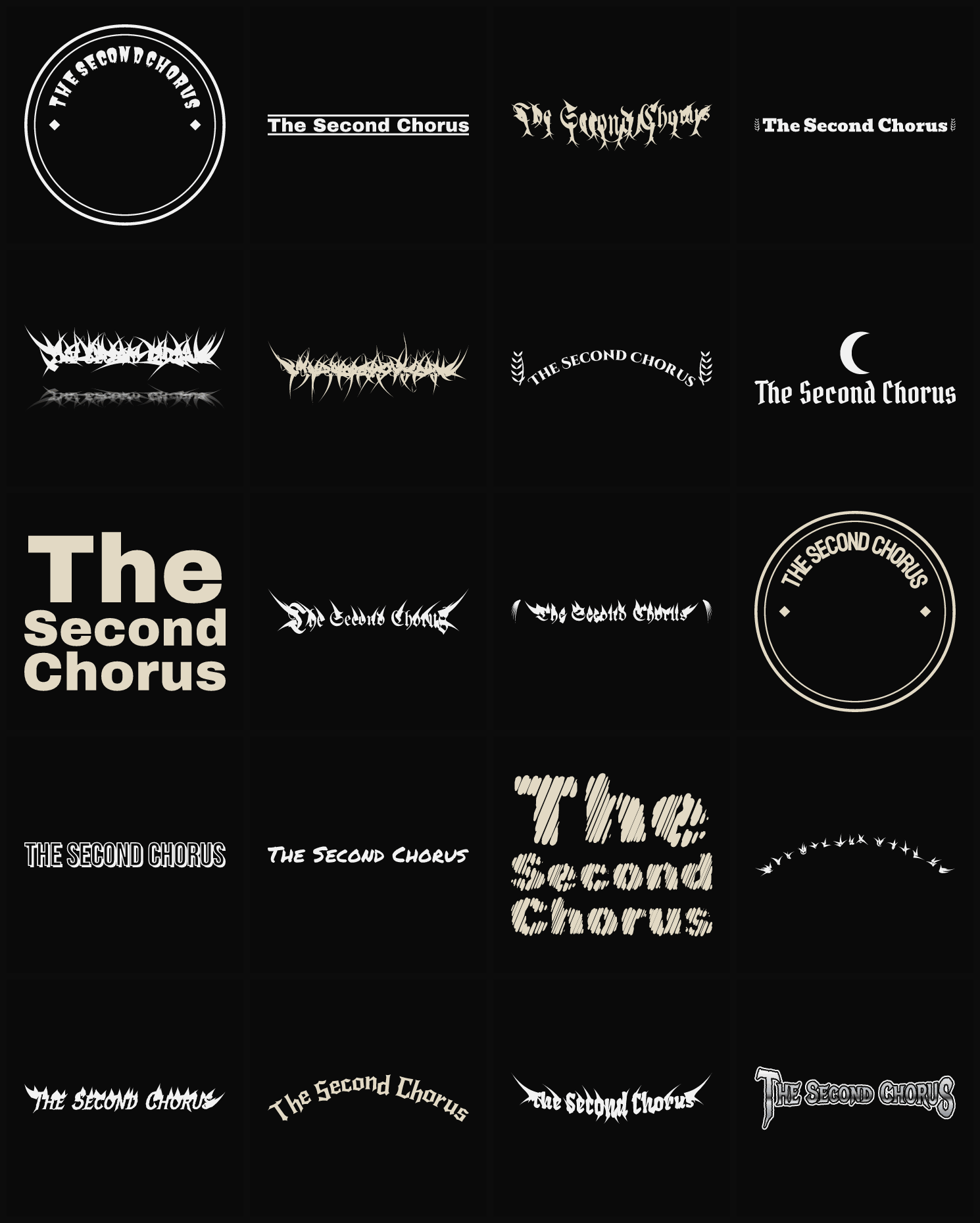 Twenty The Second Chorus band logo ideas — different faces, treatments and spike settings