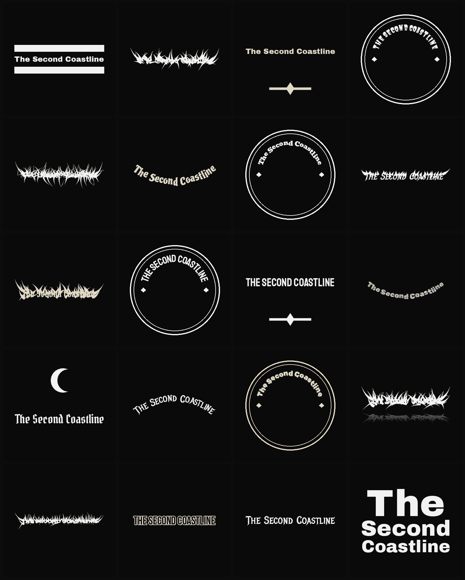 Twenty The Second Coastline band logo ideas — different faces, treatments and spike settings