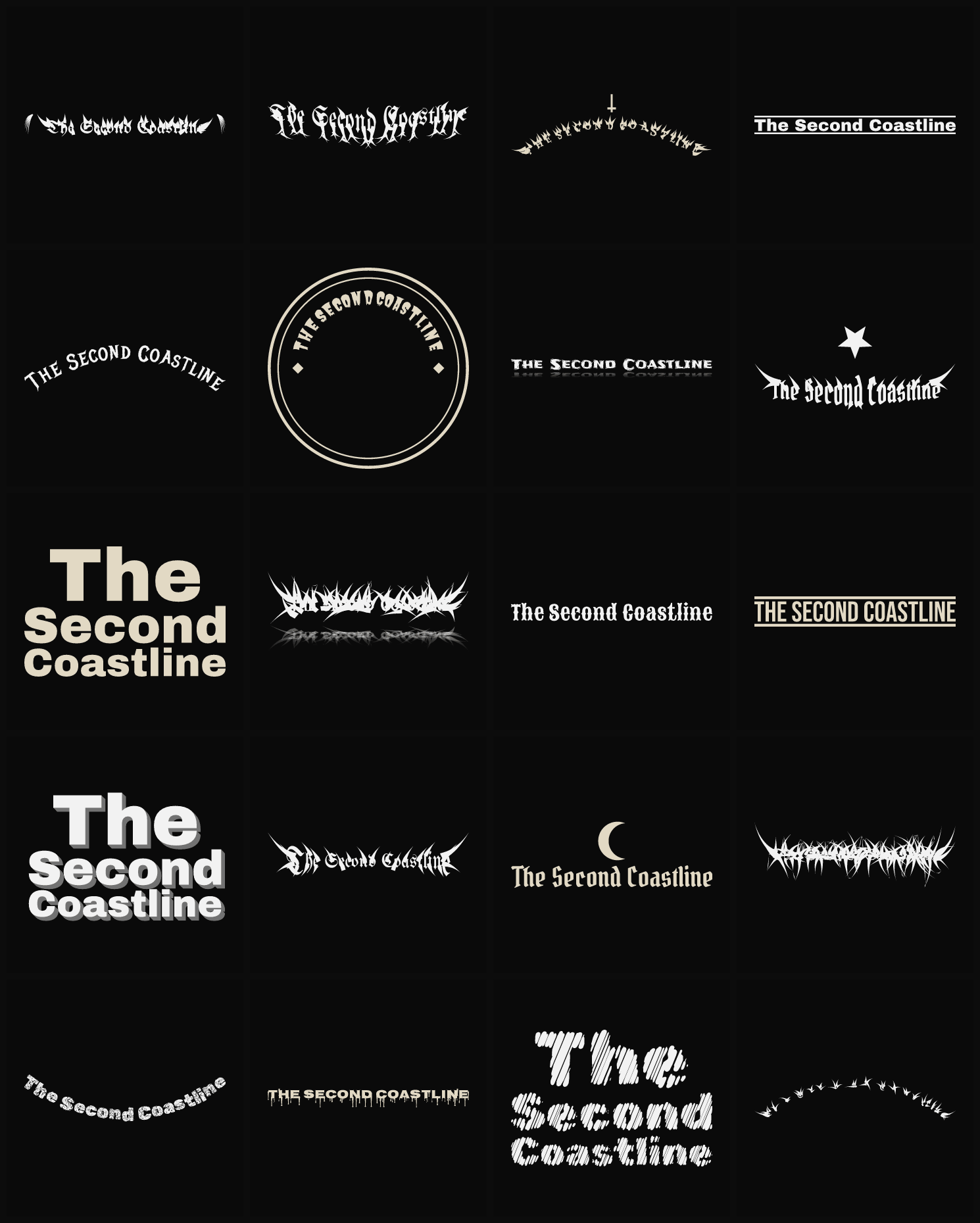 Twenty The Second Coastline band logo ideas — different faces, treatments and spike settings
