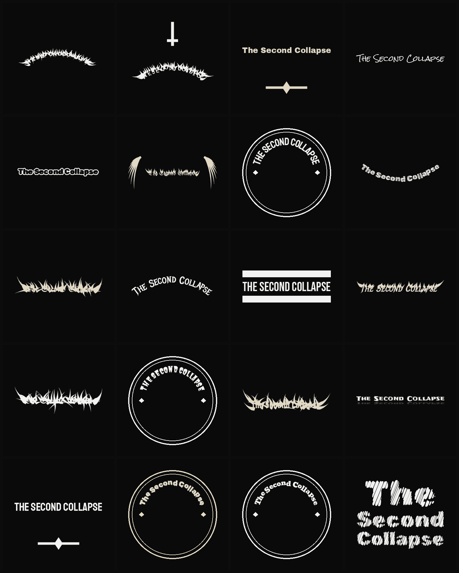 Twenty The Second Collapse band logo ideas — different faces, treatments and spike settings
