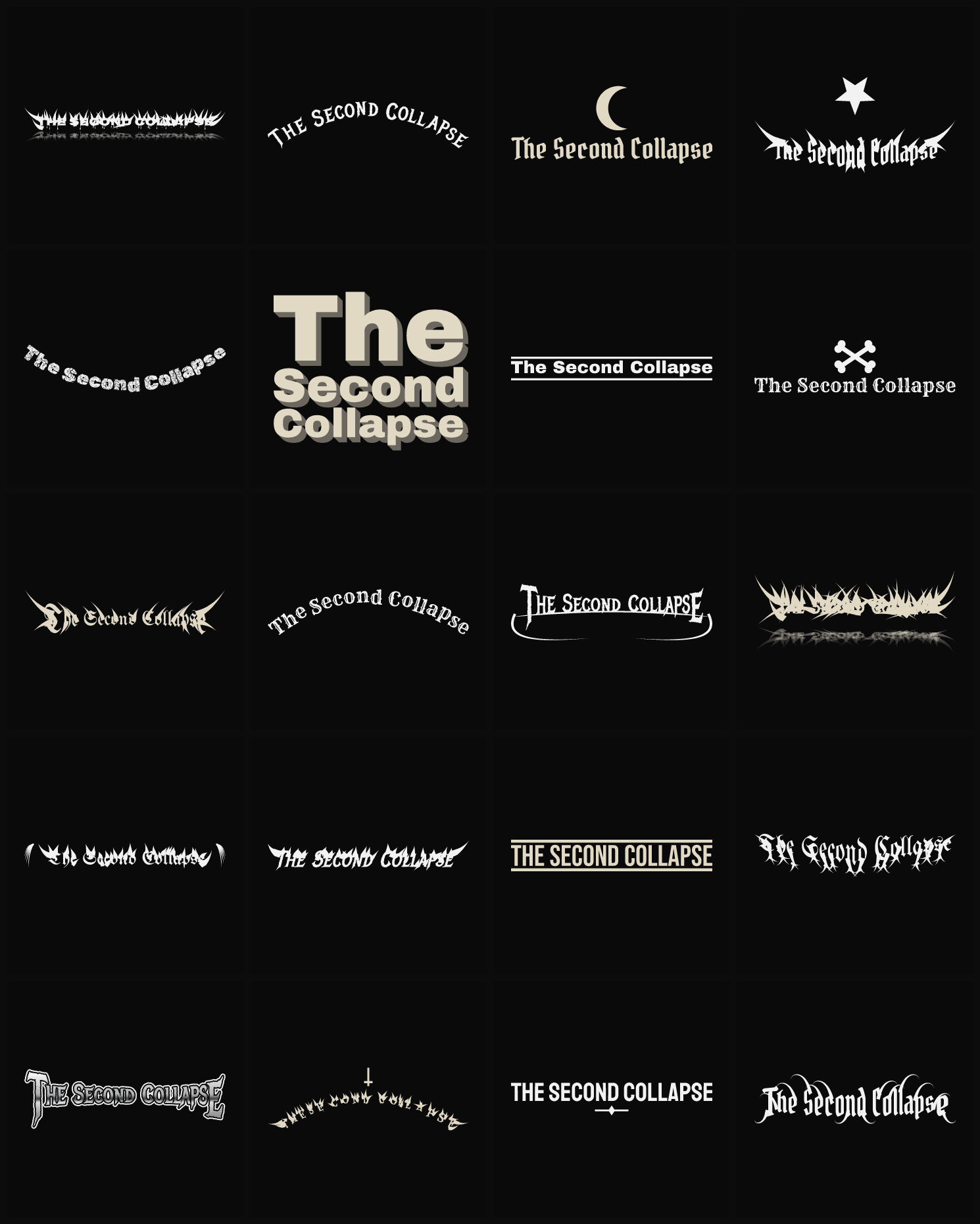 Twenty The Second Collapse band logo ideas — different faces, treatments and spike settings