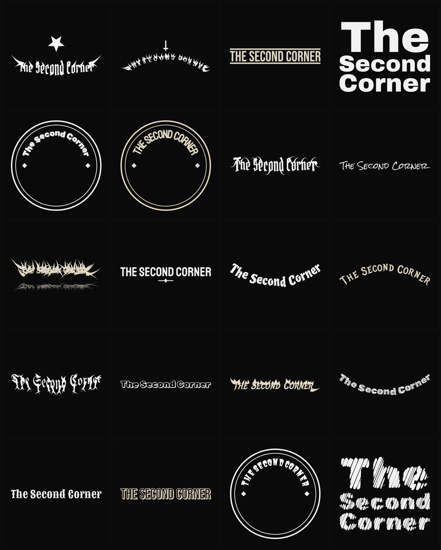 Twenty The Second Corner band logo ideas — different faces, treatments and spike settings