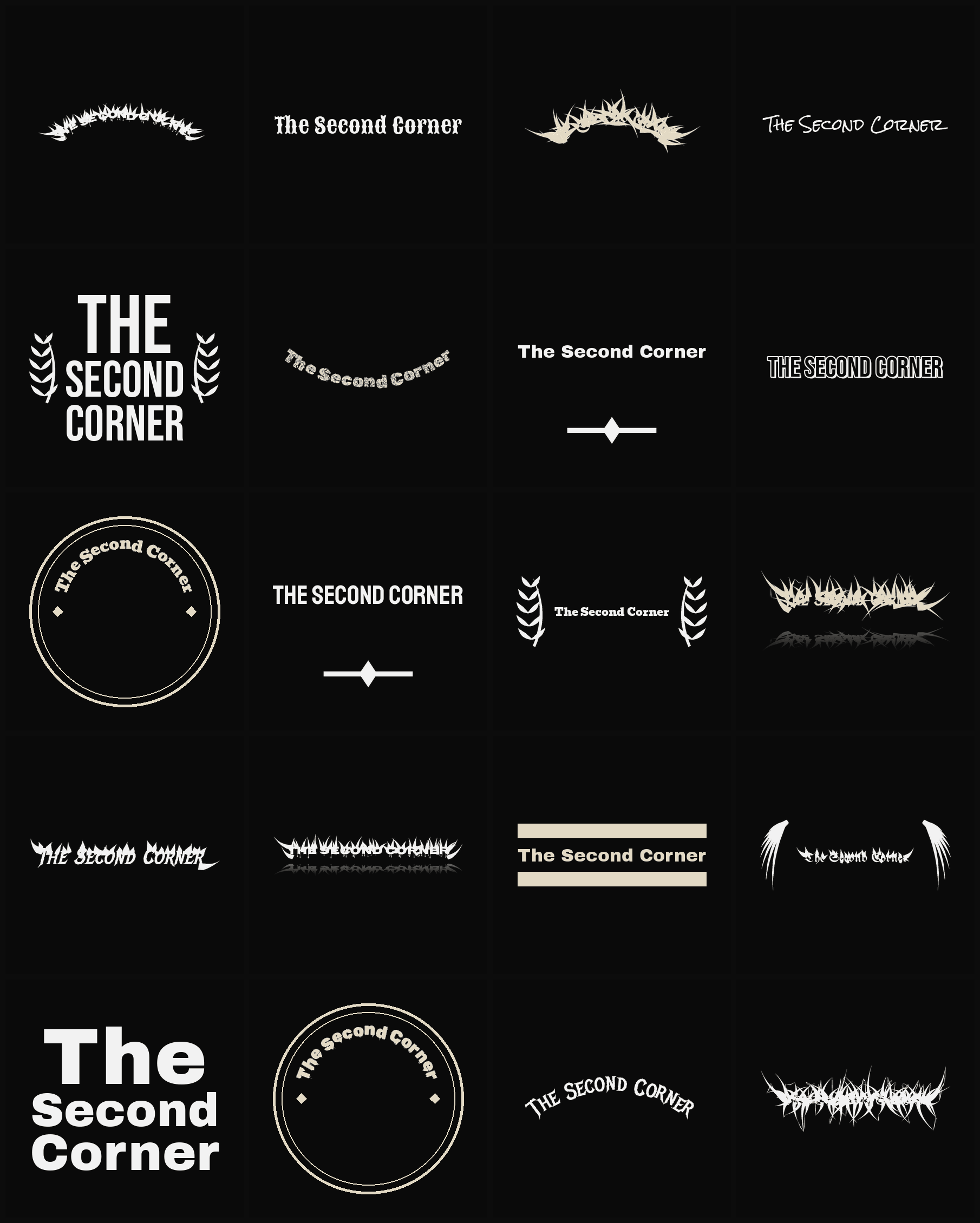 Twenty The Second Corner band logo ideas — different faces, treatments and spike settings