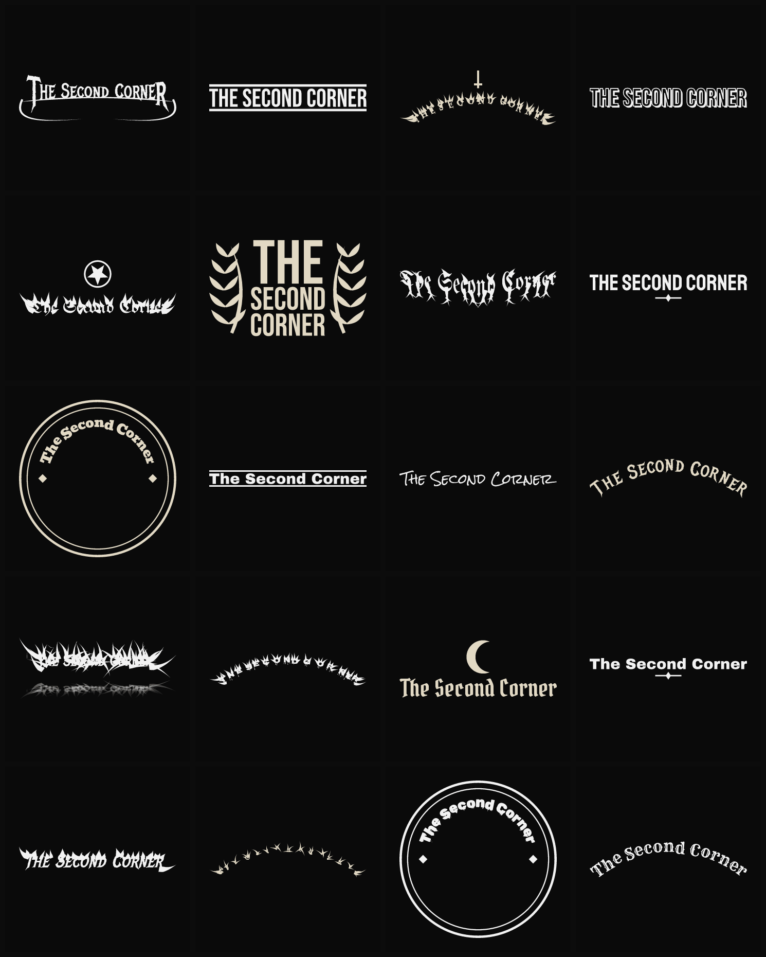 Twenty The Second Corner band logo ideas — different faces, treatments and spike settings