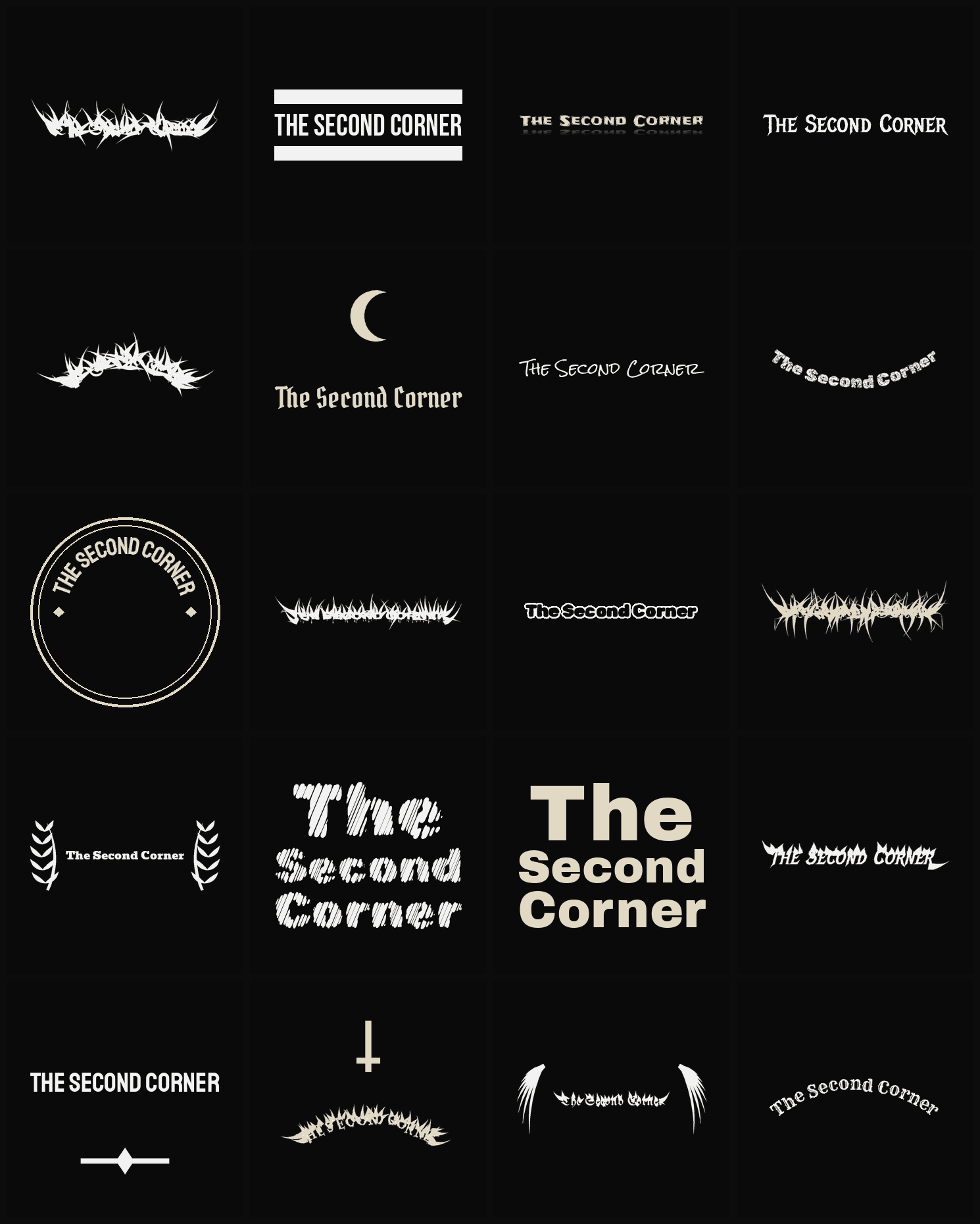 Twenty The Second Corner band logo ideas — different faces, treatments and spike settings