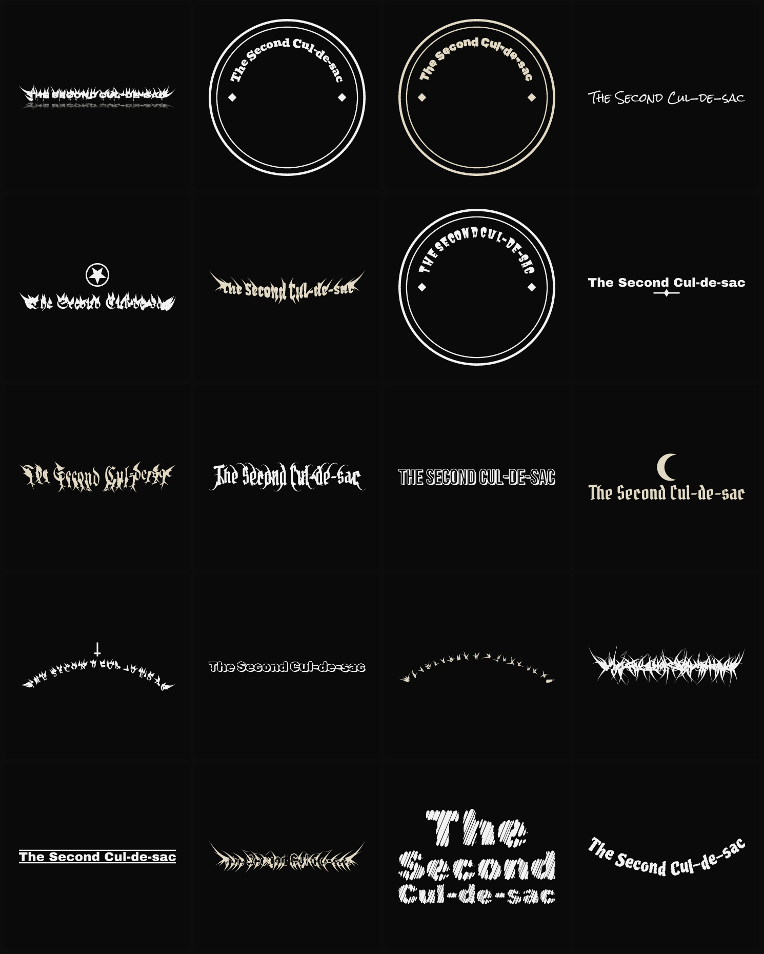 Twenty The Second Cul-de-sac band logo ideas — different faces, treatments and spike settings