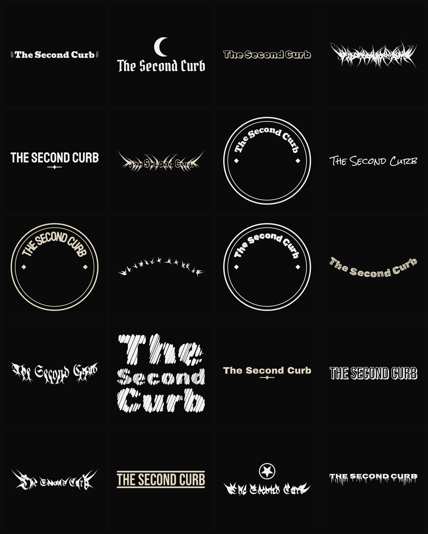 Twenty The Second Curb band logo ideas — different faces, treatments and spike settings