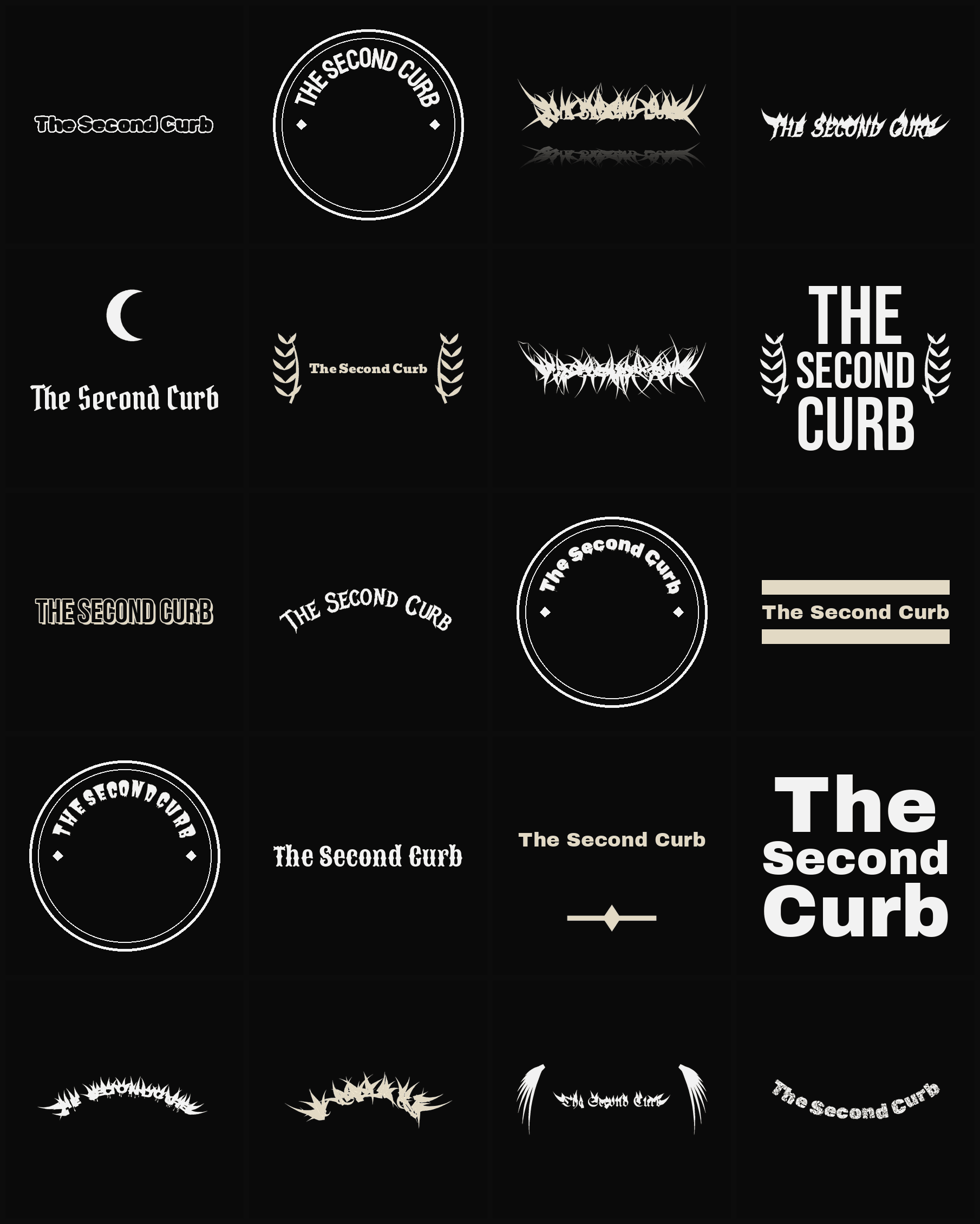 Twenty The Second Curb band logo ideas — different faces, treatments and spike settings