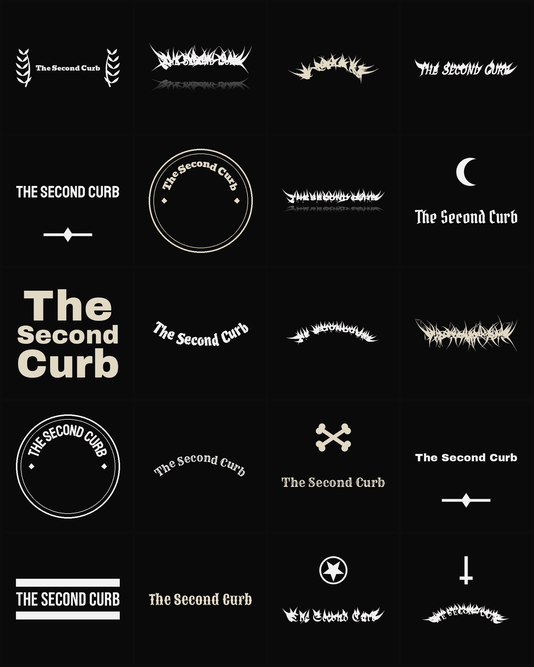 Twenty The Second Curb band logo ideas — different faces, treatments and spike settings