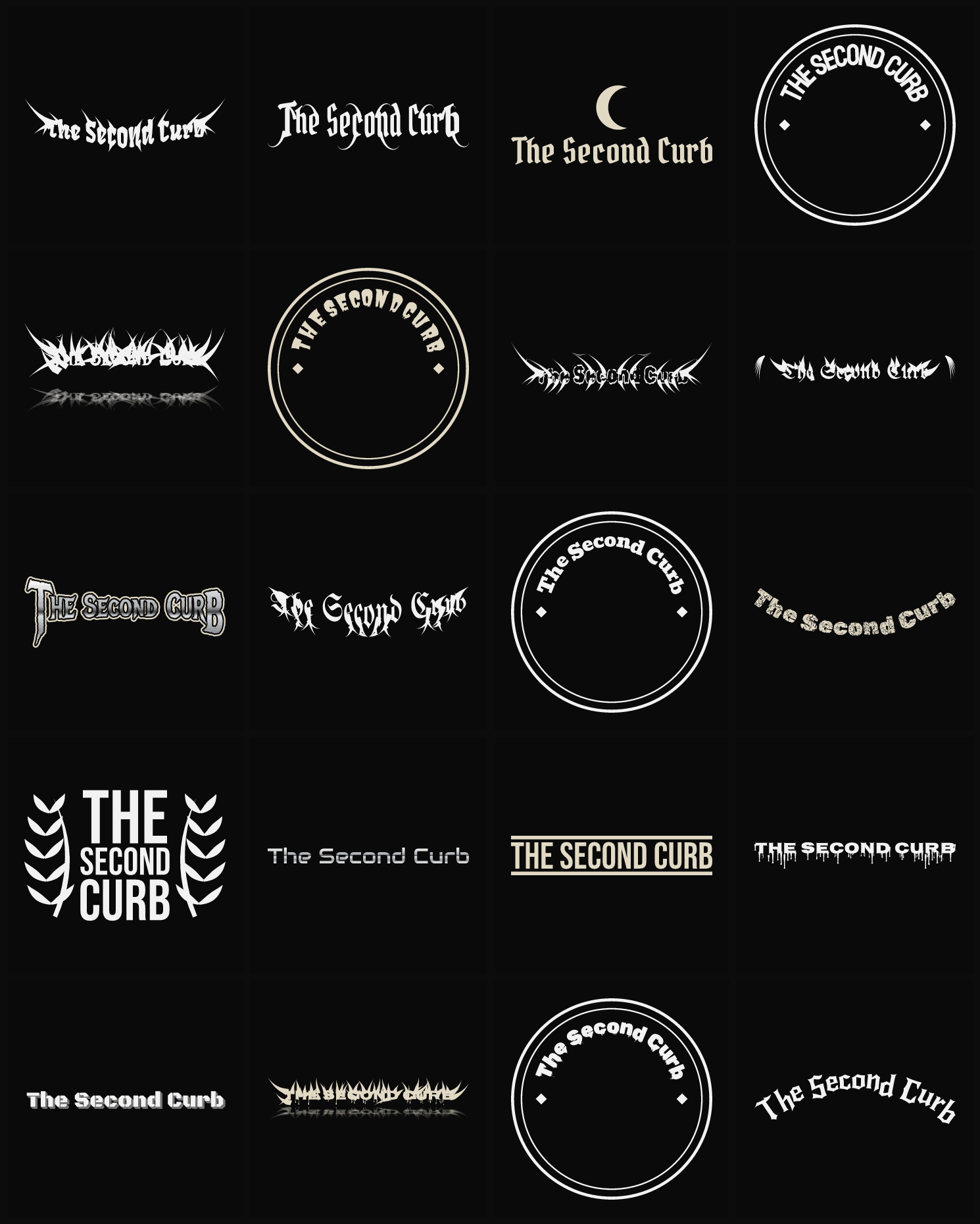 Twenty The Second Curb band logo ideas — different faces, treatments and spike settings