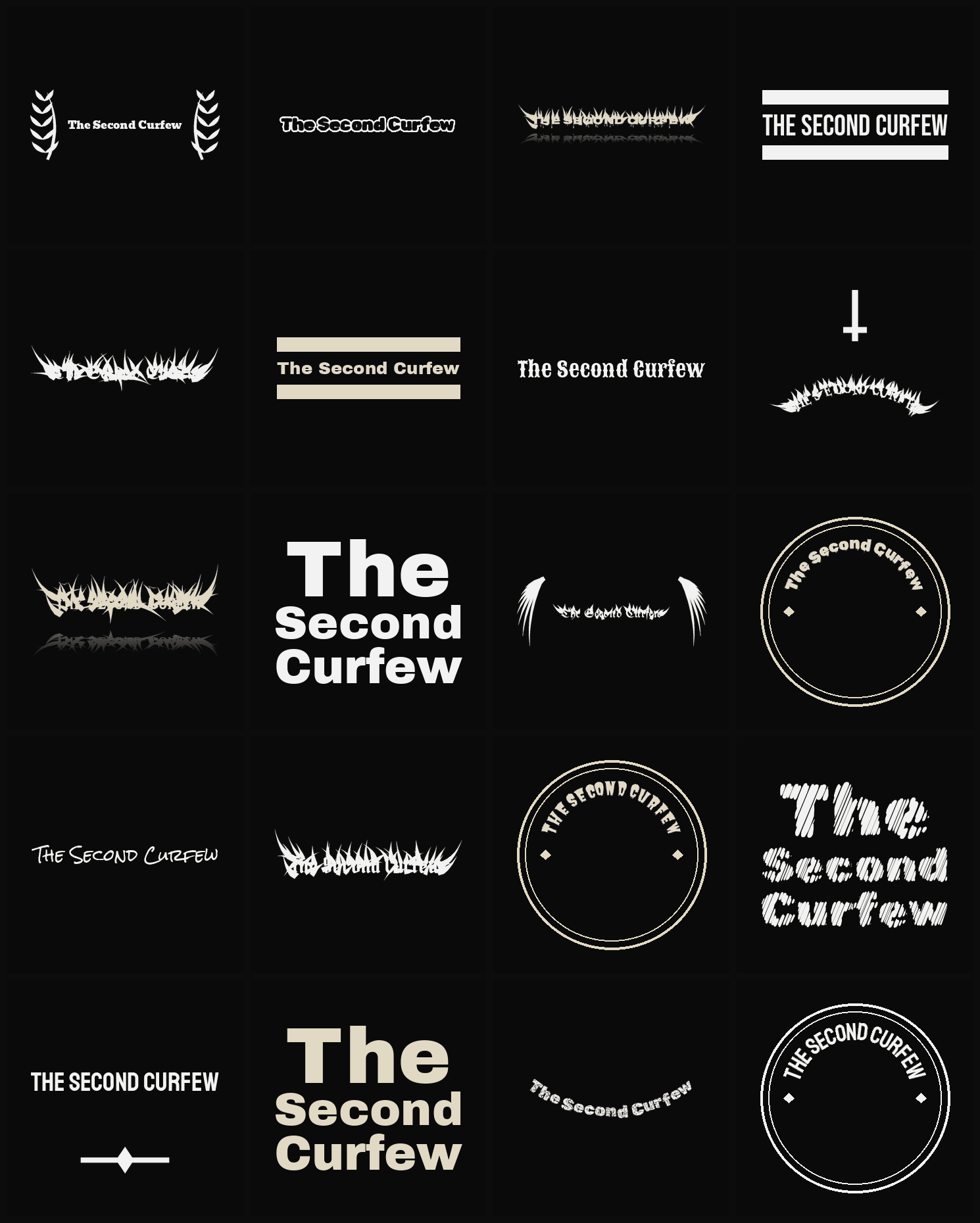 Twenty The Second Curfew band logo ideas — different faces, treatments and spike settings