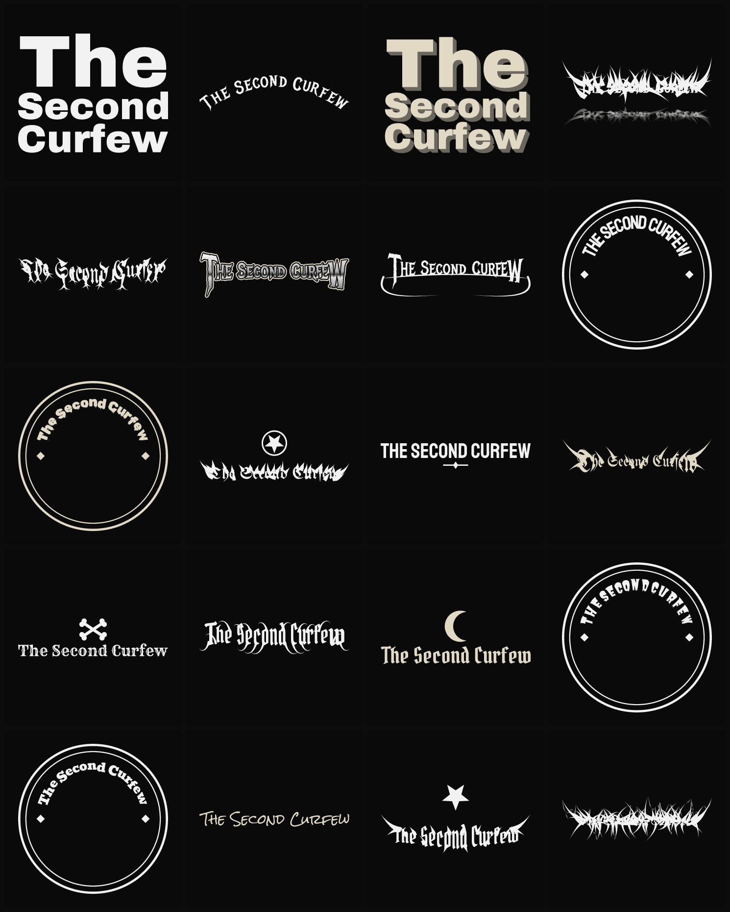Twenty The Second Curfew band logo ideas — different faces, treatments and spike settings