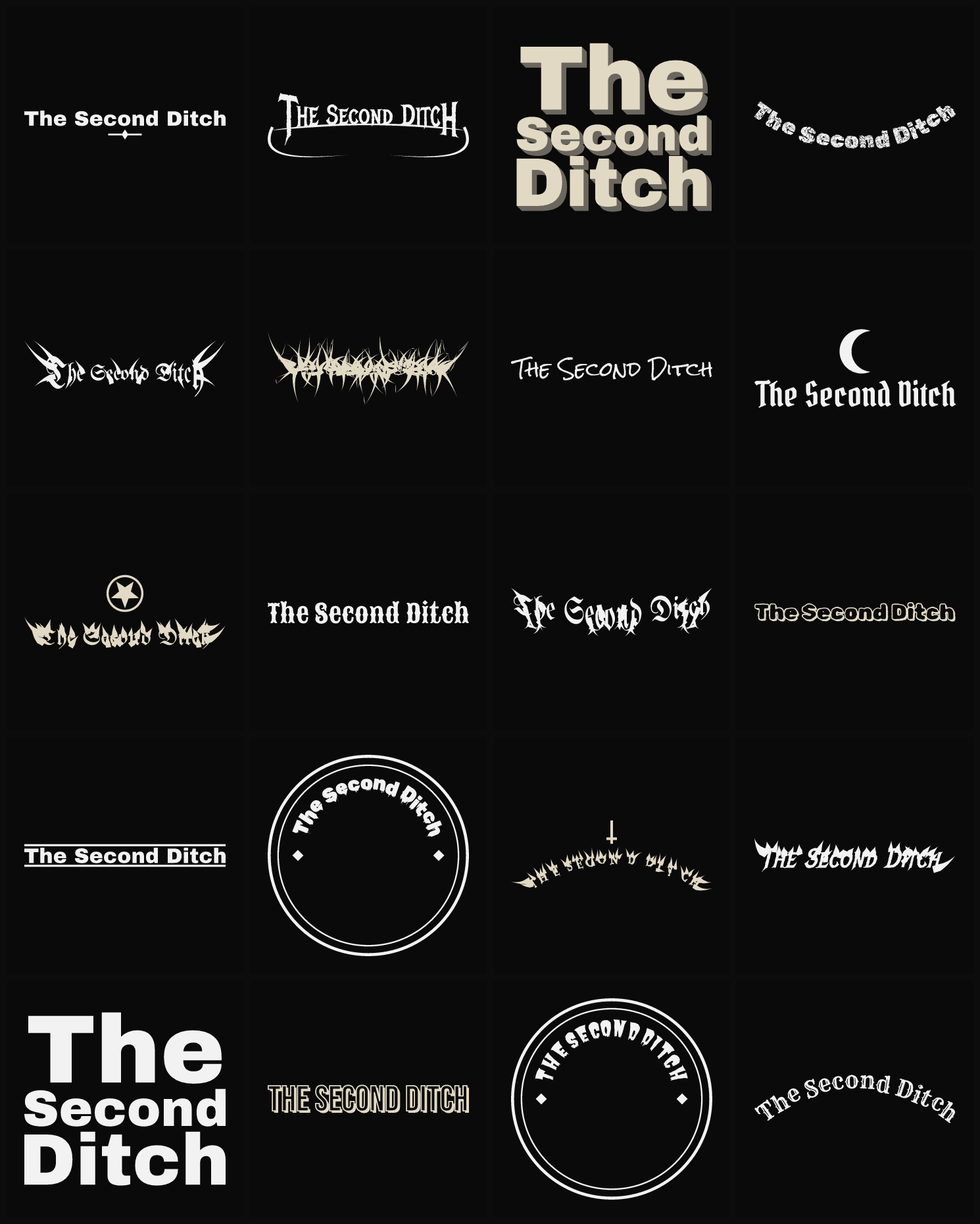Twenty The Second Ditch band logo ideas — different faces, treatments and spike settings