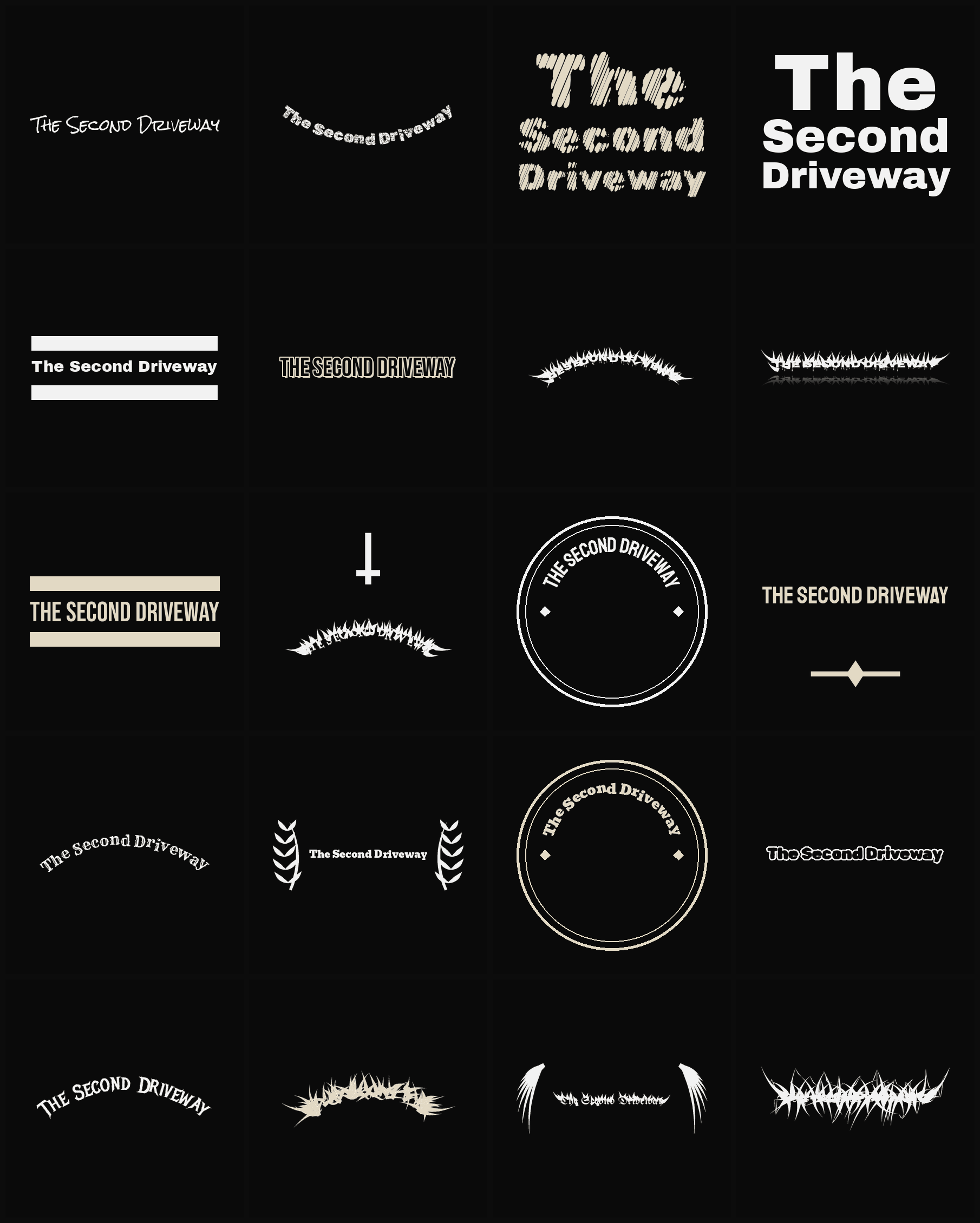 Twenty The Second Driveway band logo ideas — different faces, treatments and spike settings