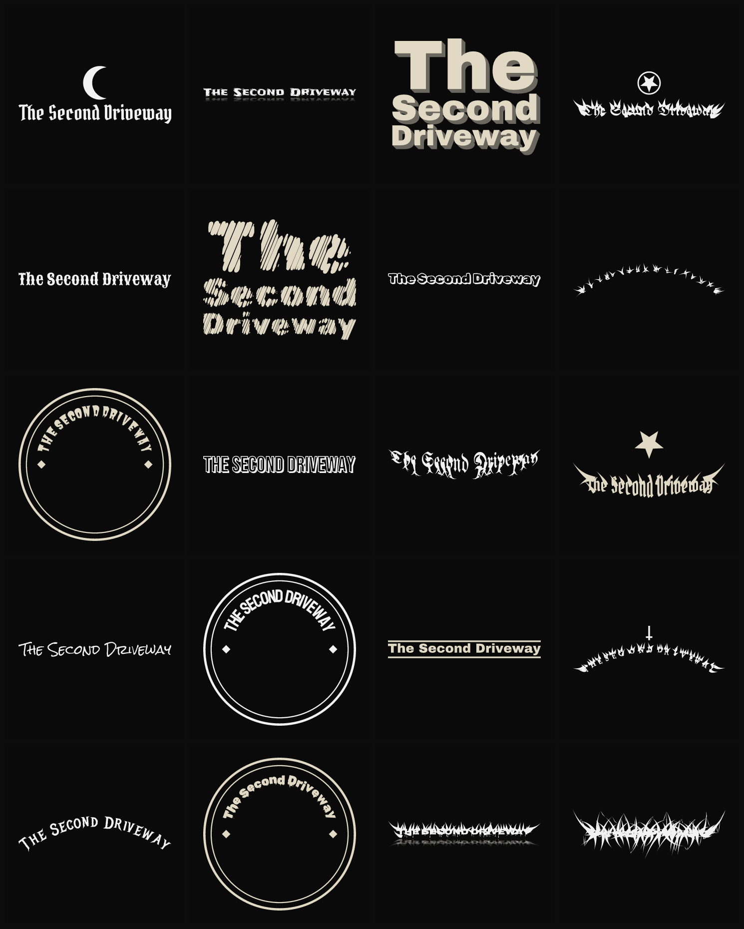 Twenty The Second Driveway band logo ideas — different faces, treatments and spike settings