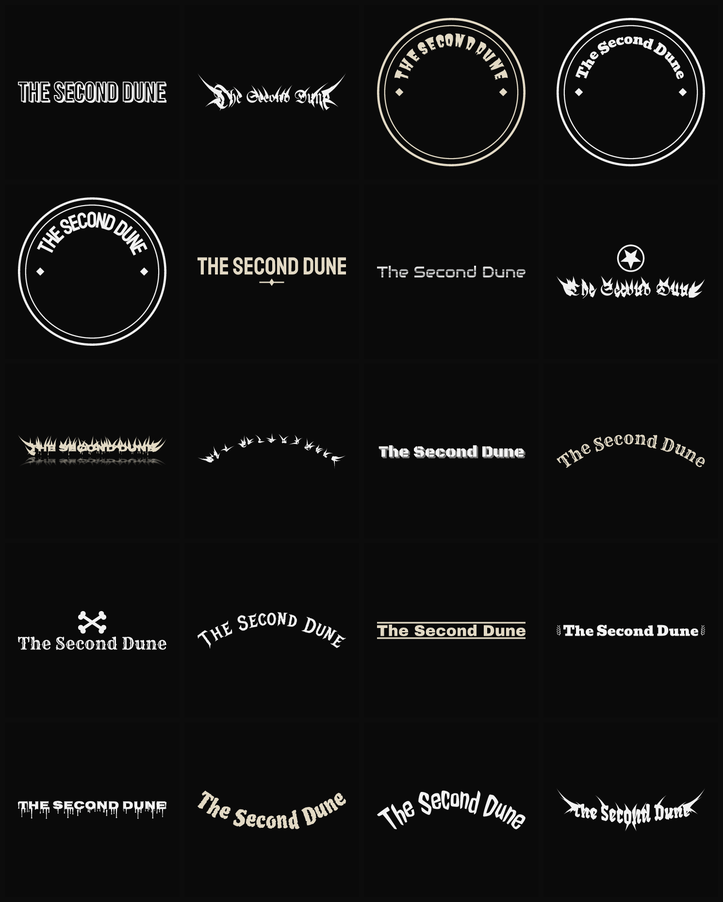 Twenty The Second Dune band logo ideas — different faces, treatments and spike settings