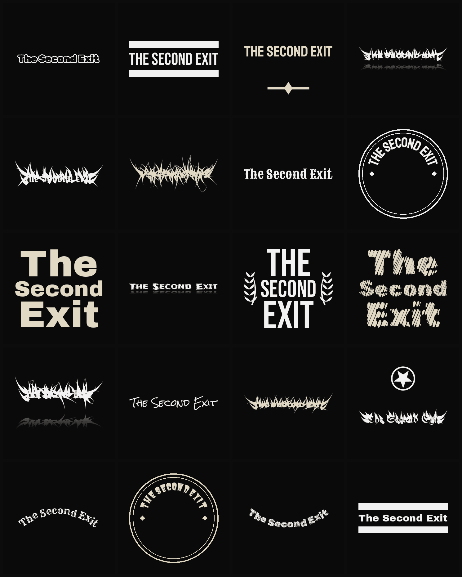 Twenty The Second Exit band logo ideas — different faces, treatments and spike settings
