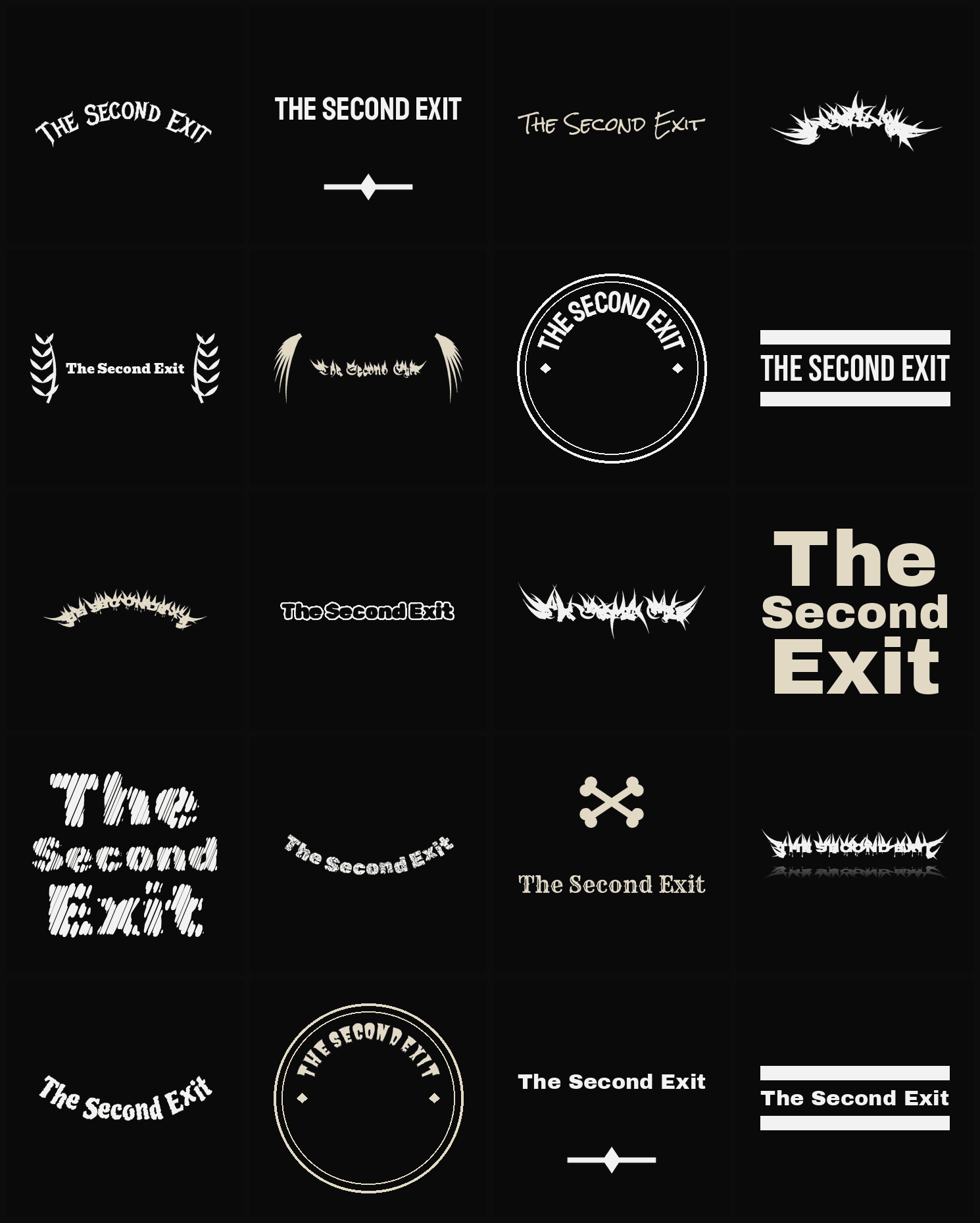 Twenty The Second Exit band logo ideas — different faces, treatments and spike settings
