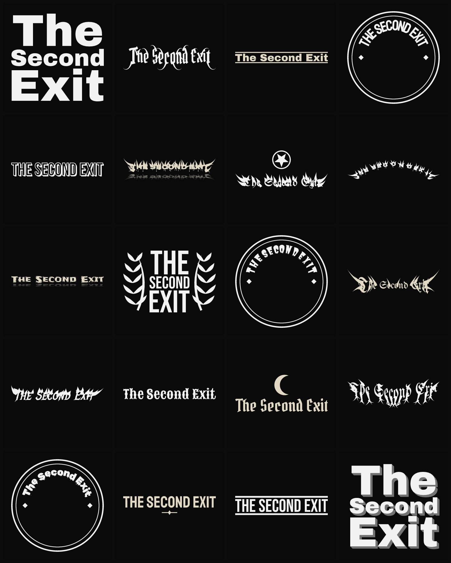 Twenty The Second Exit band logo ideas — different faces, treatments and spike settings