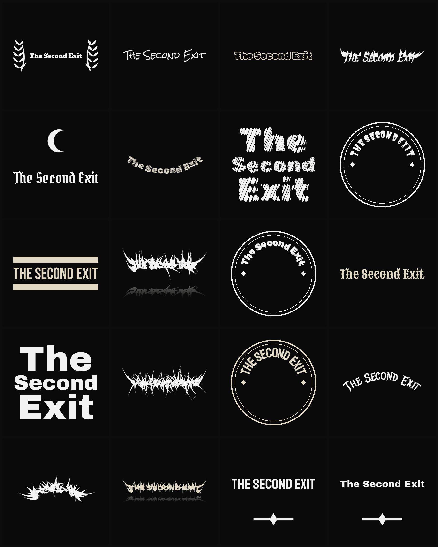 Twenty The Second Exit band logo ideas — different faces, treatments and spike settings