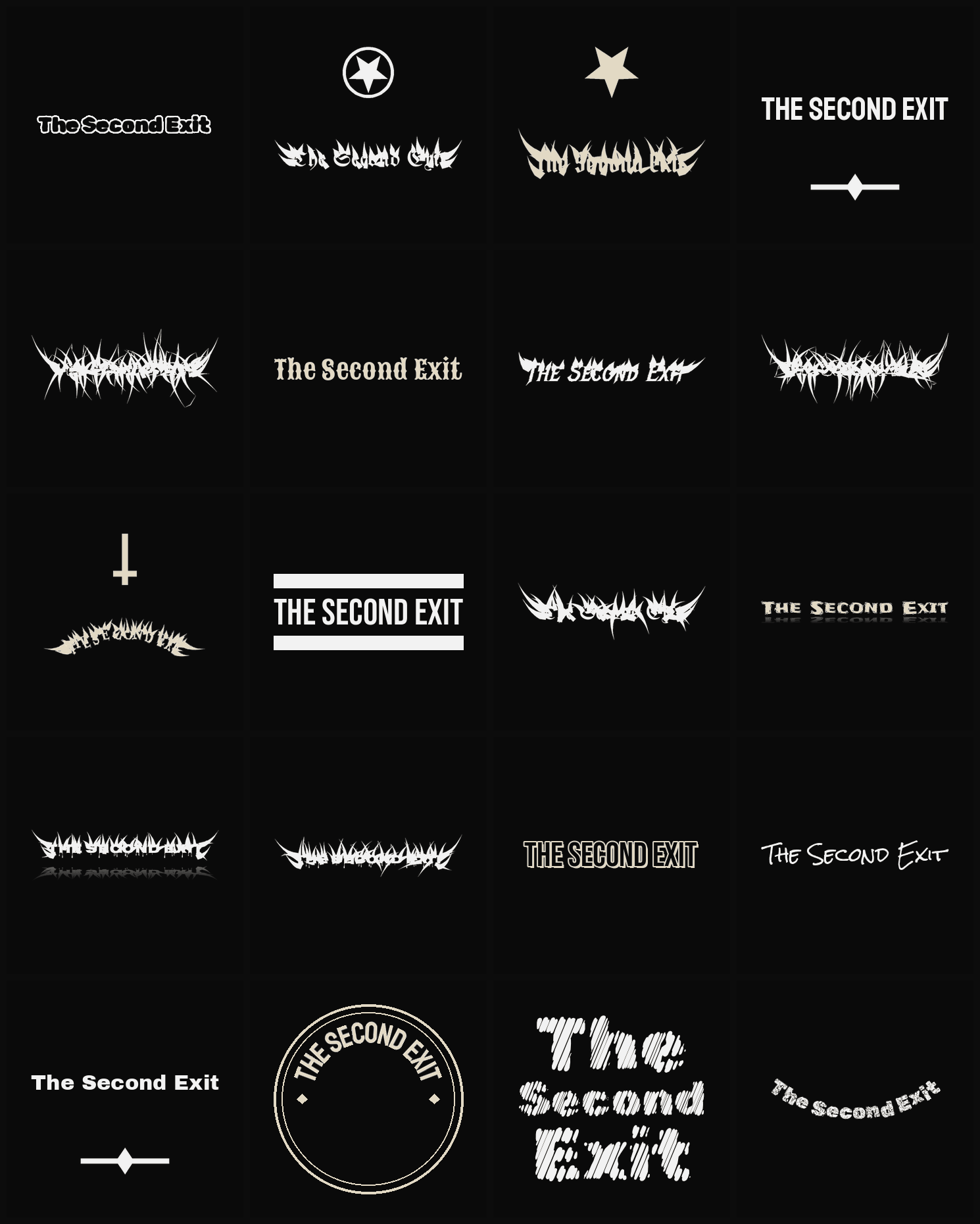 Twenty The Second Exit band logo ideas — different faces, treatments and spike settings