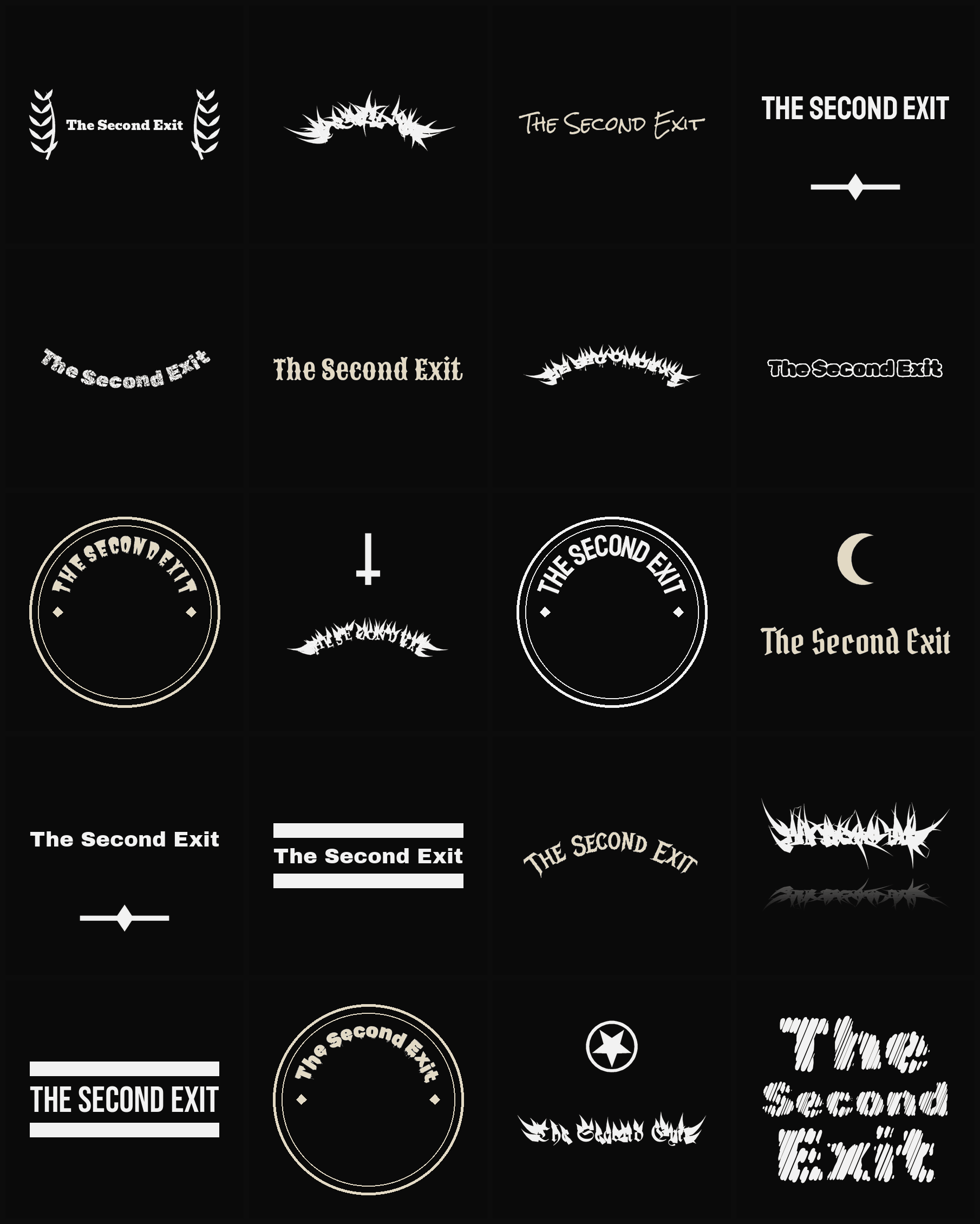 Twenty The Second Exit band logo ideas — different faces, treatments and spike settings